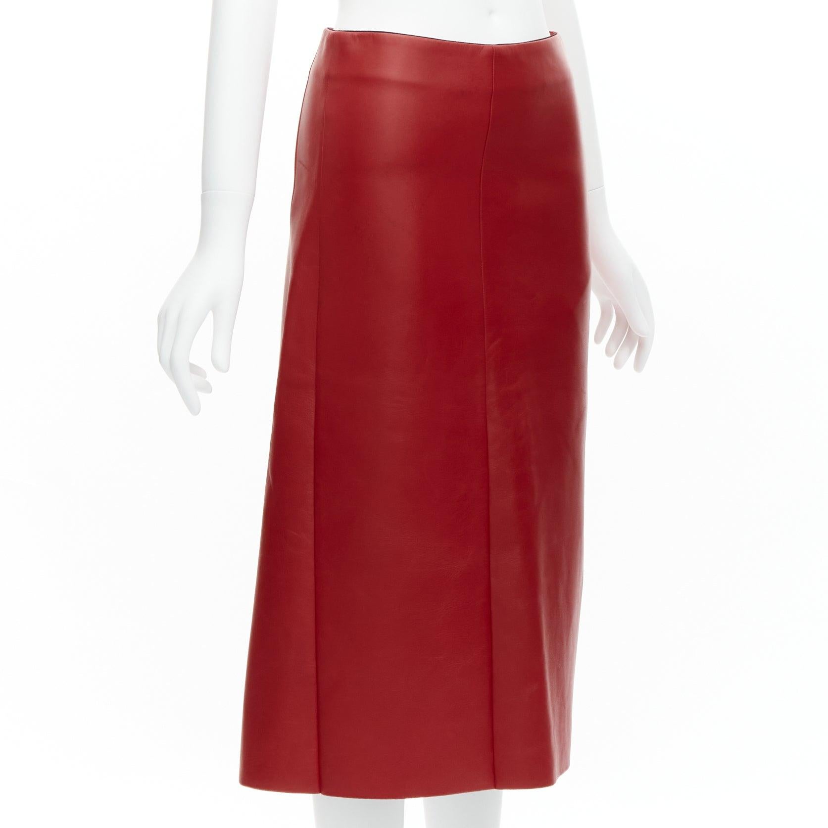 OLD CELINE Phoebe Philo red lambskin leather minimal panelled midi skirt FR36 S In Fair Condition In Hong Kong, NT