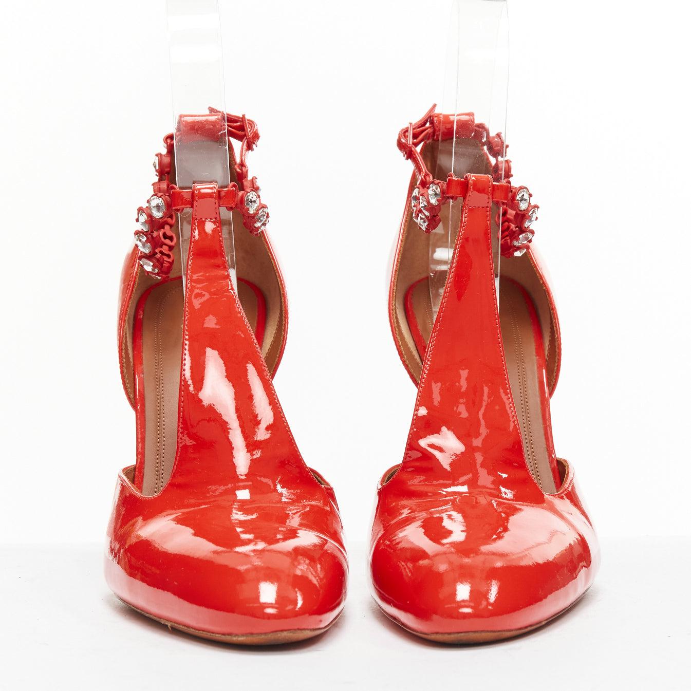 Red OLD CELINE Phoebe Philo Tango red patent crystal t-strap heels EU38 For Sale