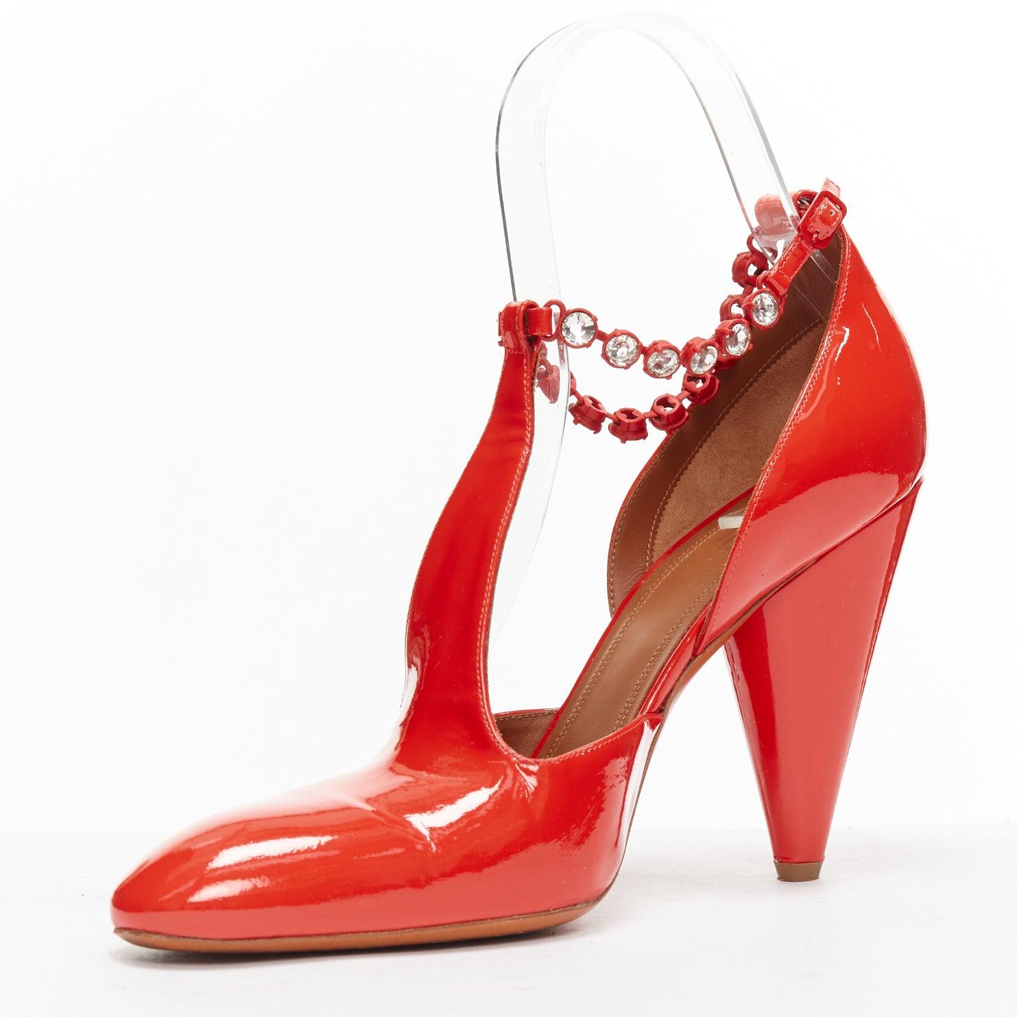OLD CELINE Phoebe Philo Tango red patent crystal t-strap heels EU38 In Fair Condition For Sale In Hong Kong, NT