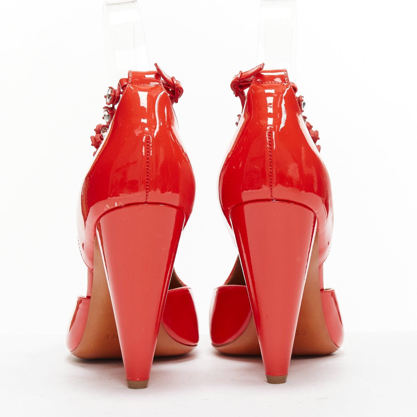 OLD Celine Phoebe Philo Tango red patent crystal t-strap heels EU38 Pour femmes en vente
