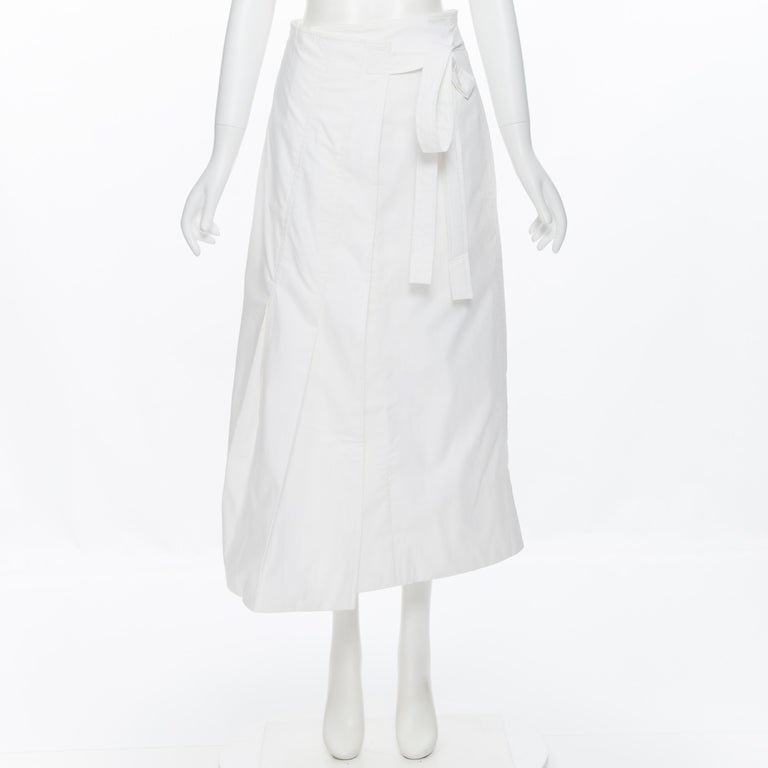 Gray OLD CELINE PHOEBE PHILO white cotton wrap self tie darted midi skirt XS For Sale