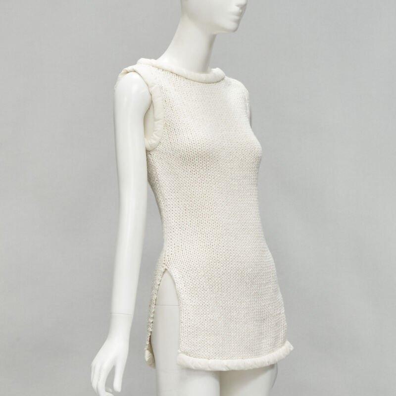 Gray OLD CELINE Phoebe Philo white hand knit padded trim tunic vest XS