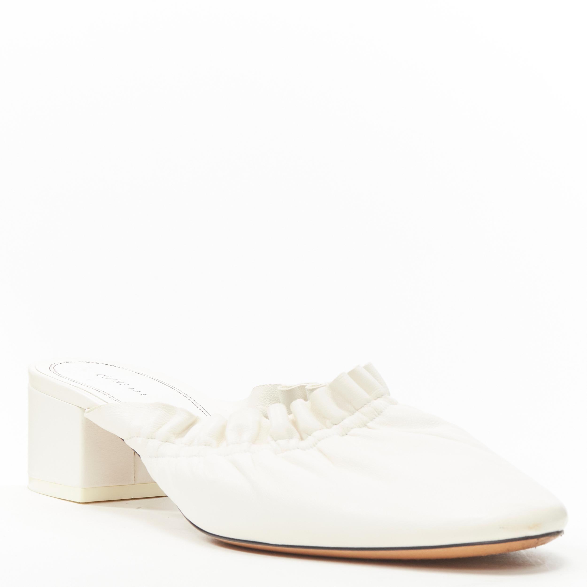 OLD CELINE Phoebe Philo white ruffle elasticated round block heel mules EU37.5 
Reference: LNKO/A01937 
Brand: Celine 
Designer: Phoebe Philo 
Material: Leather 
Color: White 
Pattern: Solid 
Extra Detail: Elasticated ruffle upper. Block