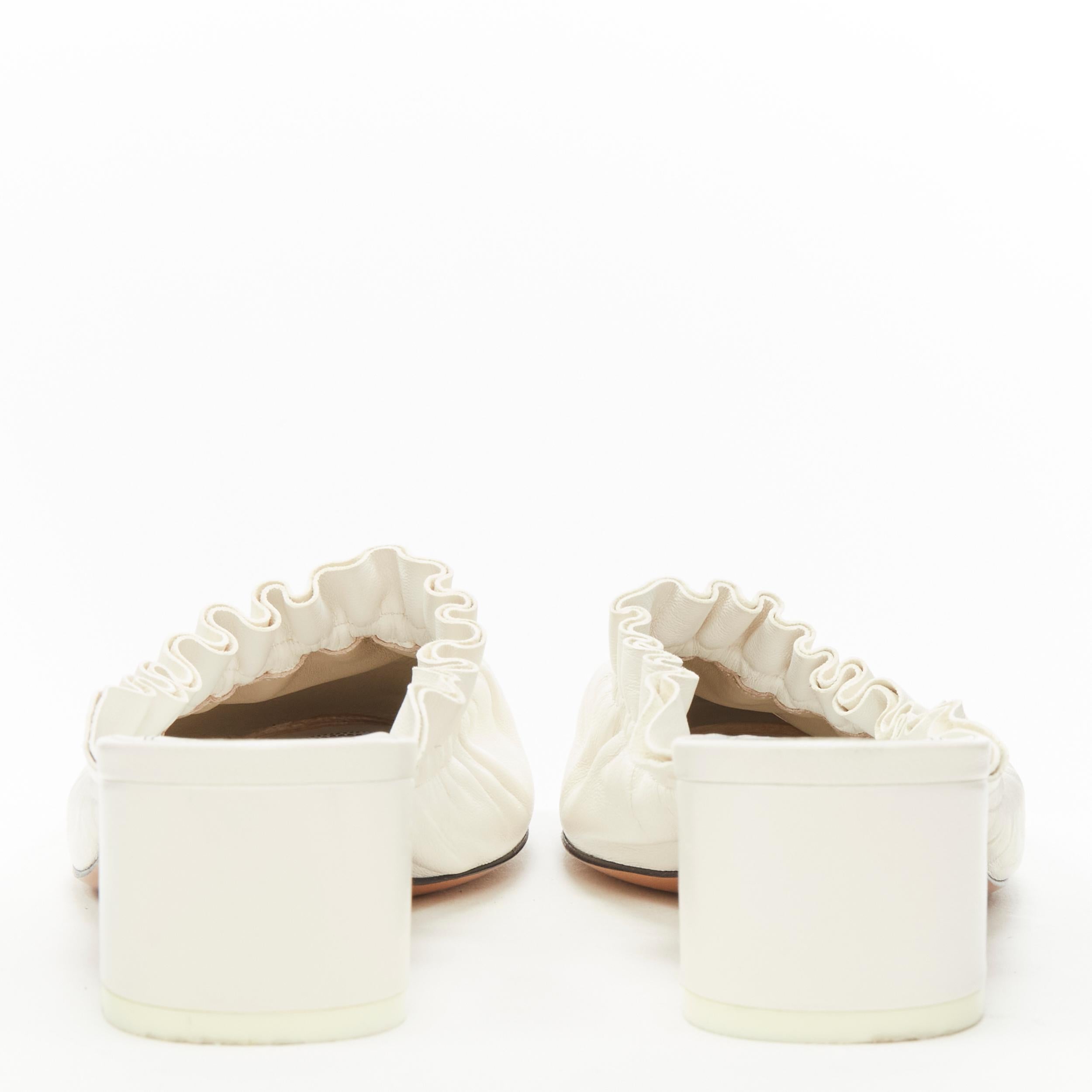 OLD CELINE Phoebe Philo white ruffle elasticated round block heel mules EU37.5 In Good Condition In Hong Kong, NT