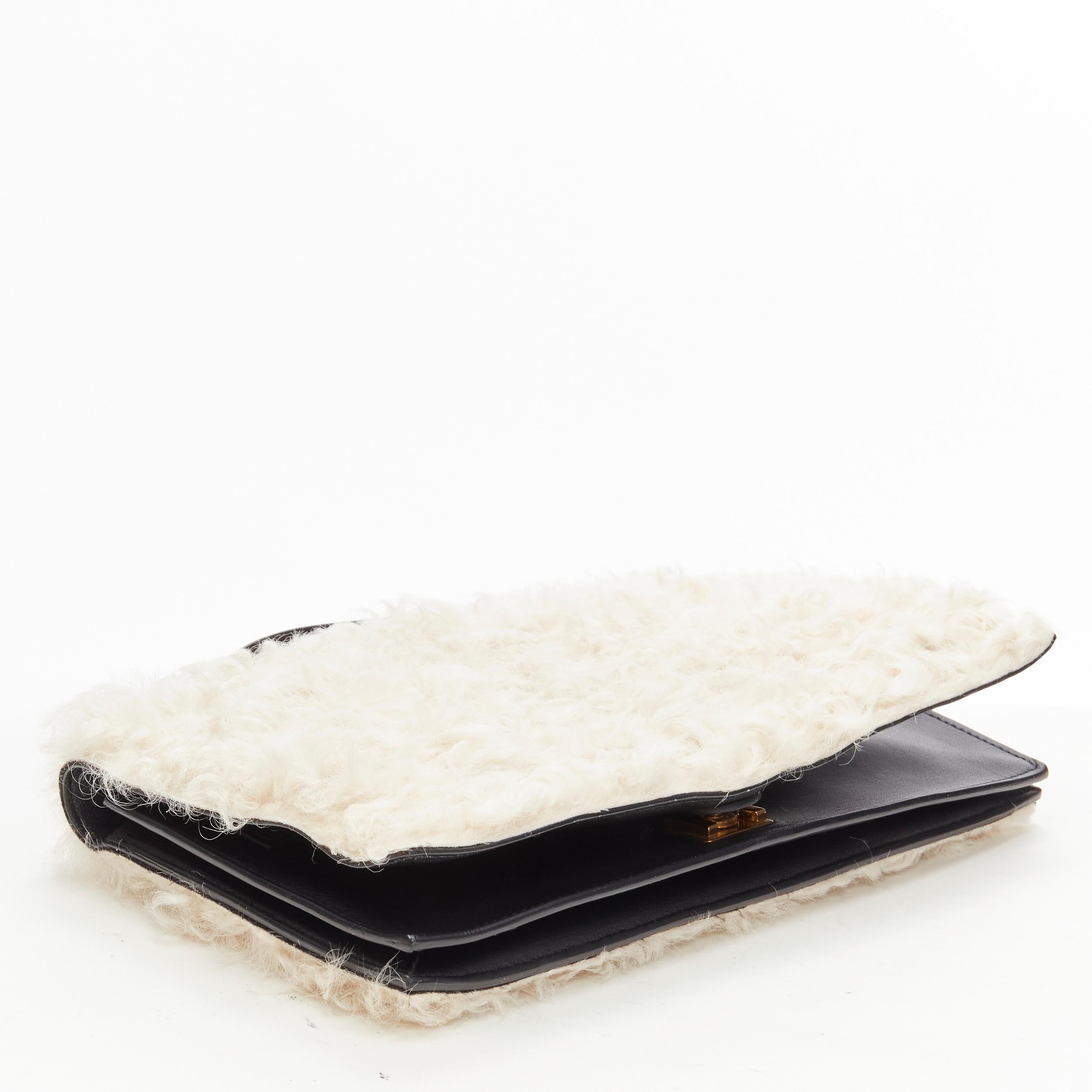 OLD CELINE Phoebe Philo white shearling fur black leather flap clutch bag In Excellent Condition In Hong Kong, NT