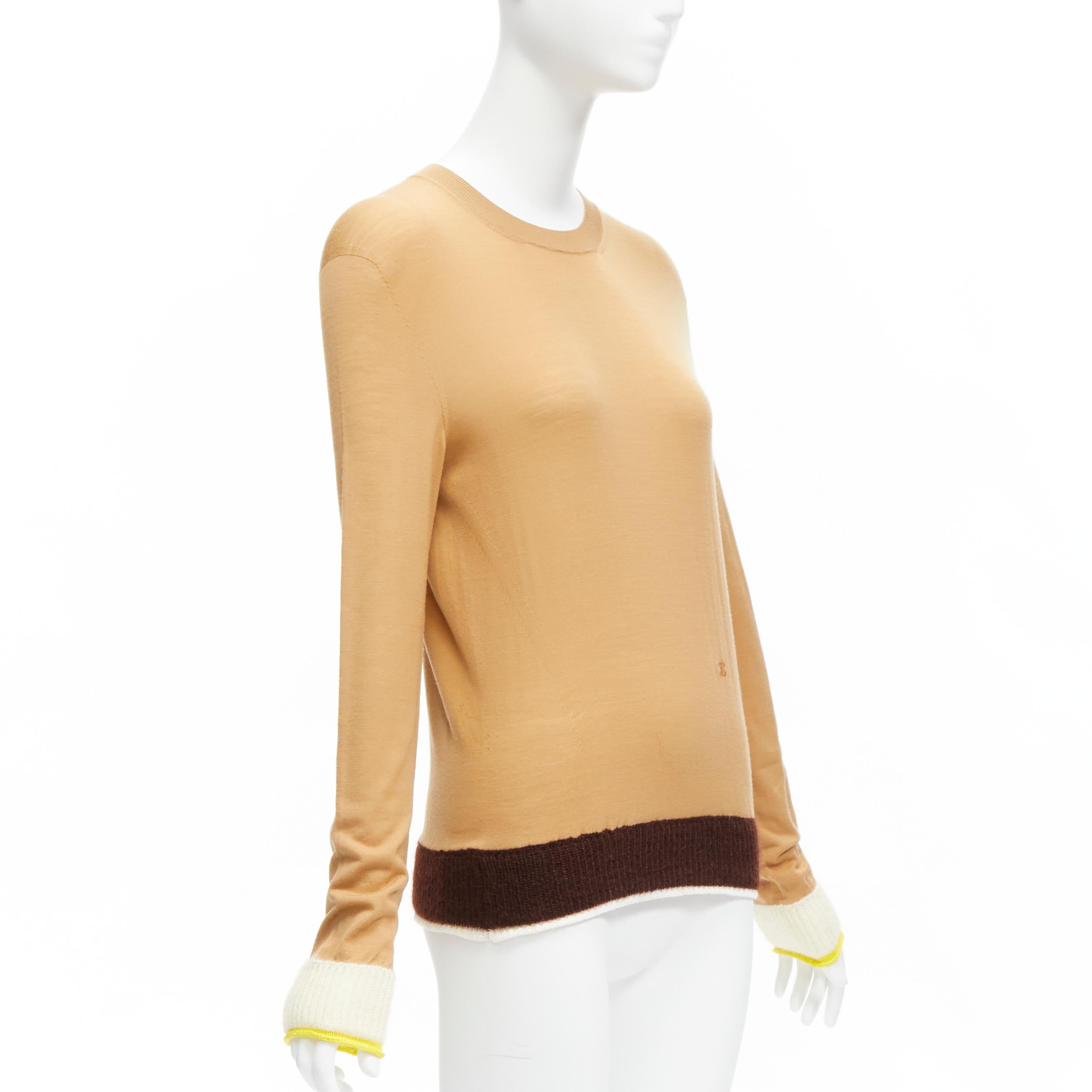 Beige OLD CELINE Phoebe Philo wool mohair blend Triomphe logo contrast cuff sweater  For Sale