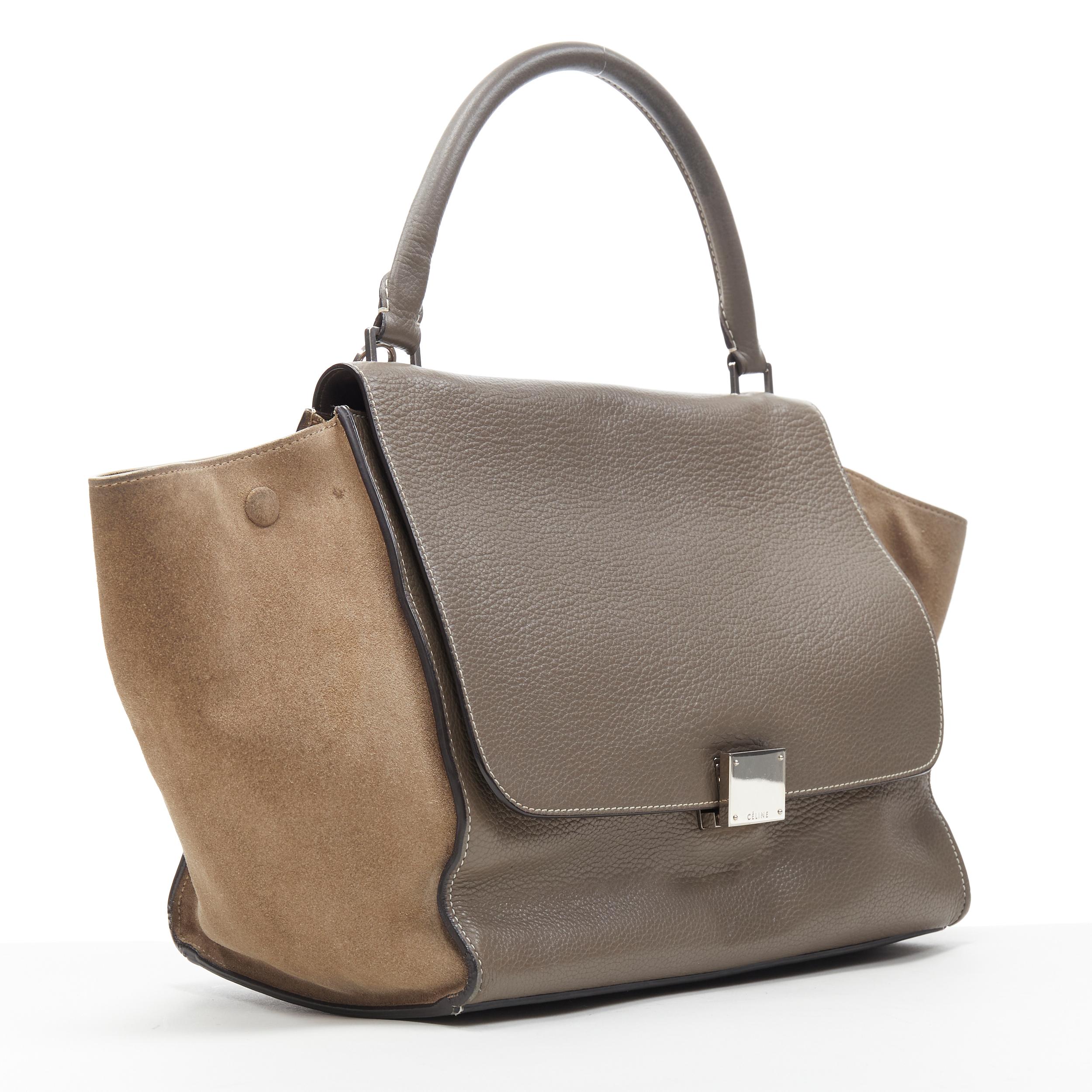 Brown OLD CELINE Trapeze grey leather suede flap top handle flap satchel shoulder bag For Sale