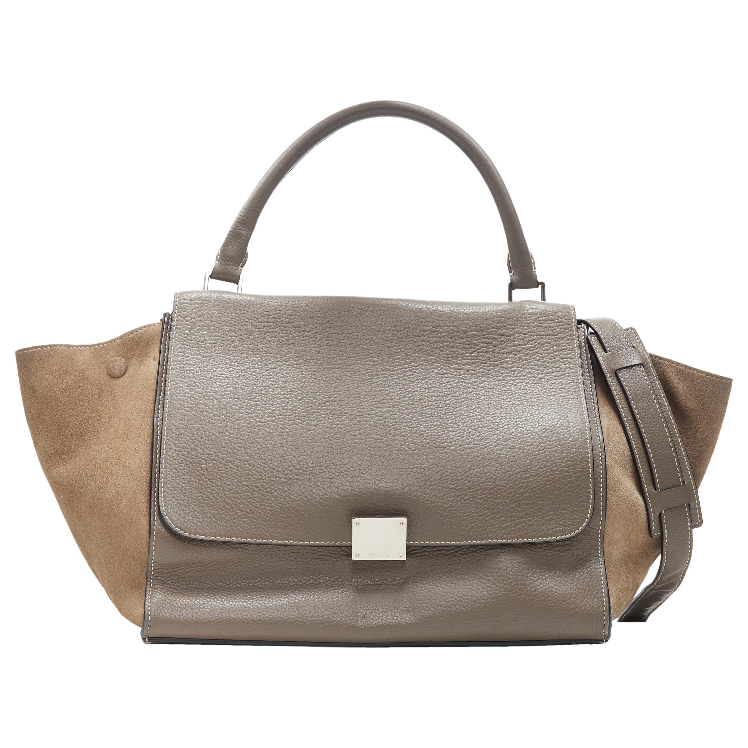 VECCHIA CELINE Trapeze in pelle scamosciata grigia, borsa a tracolla con patta e manico superiore