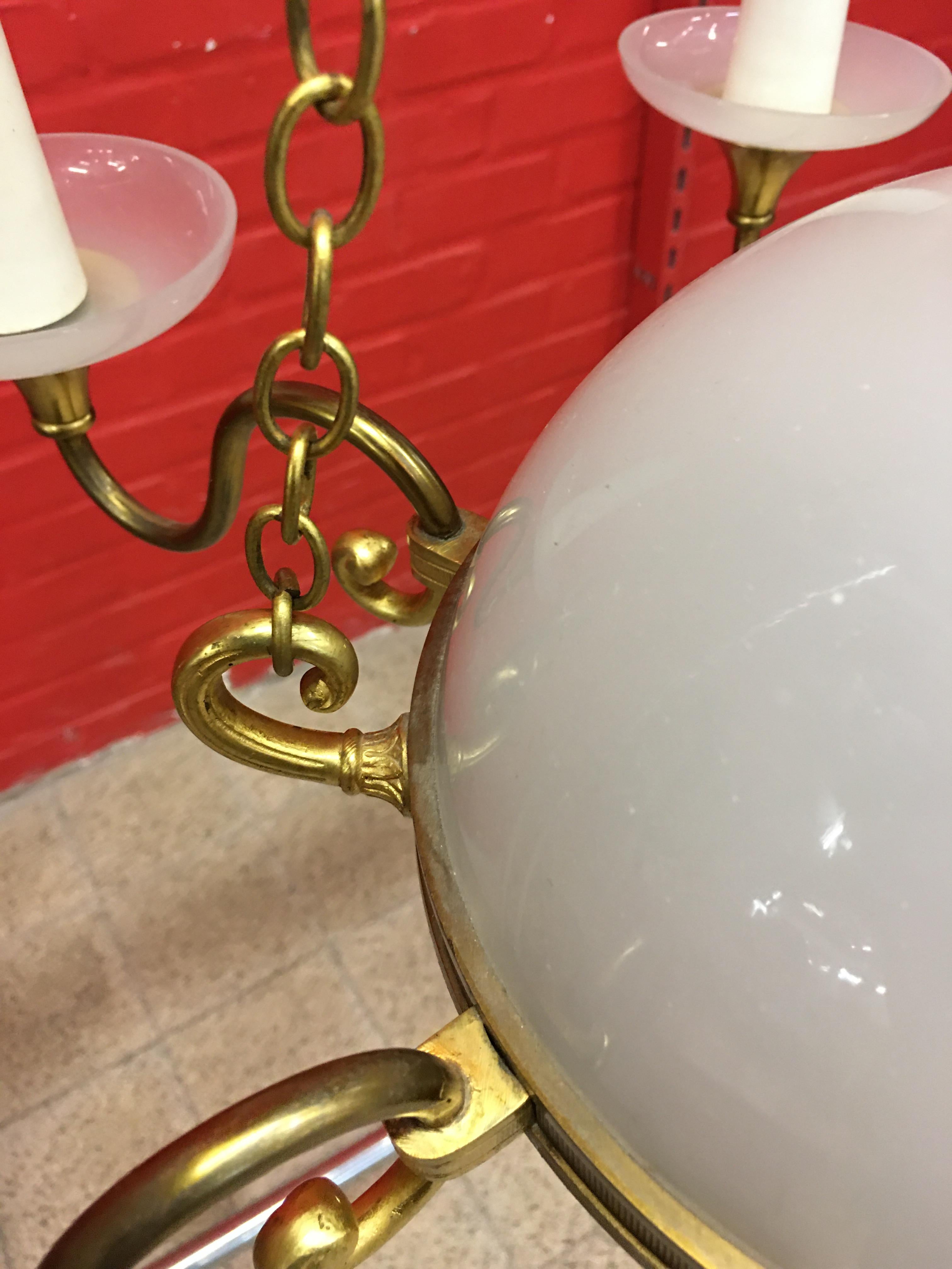 Old Chandelier in White Opaline and Bronze, circa 1930-1950 2
