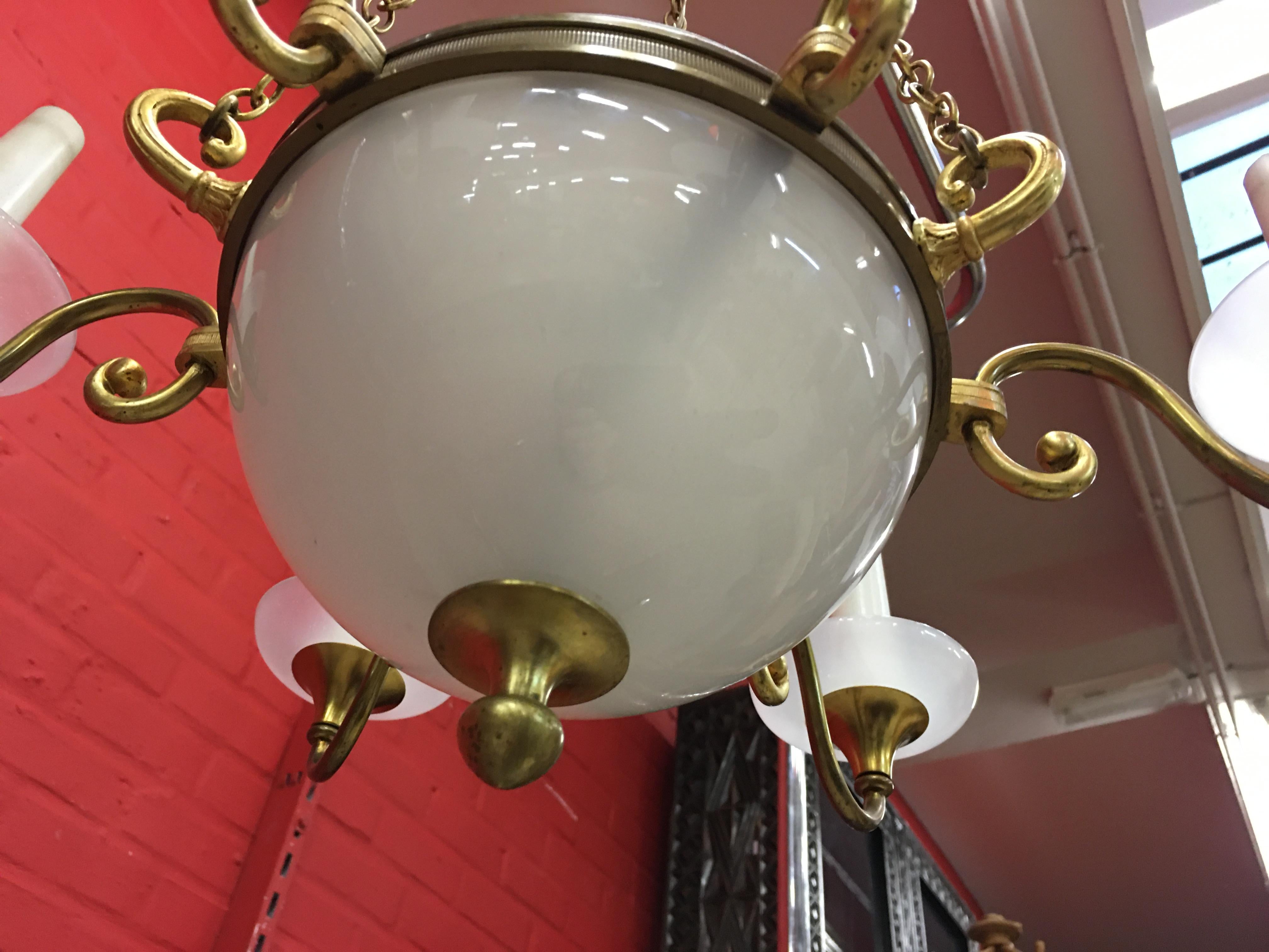 Old Chandelier in White Opaline and Bronze, circa 1930-1950 6