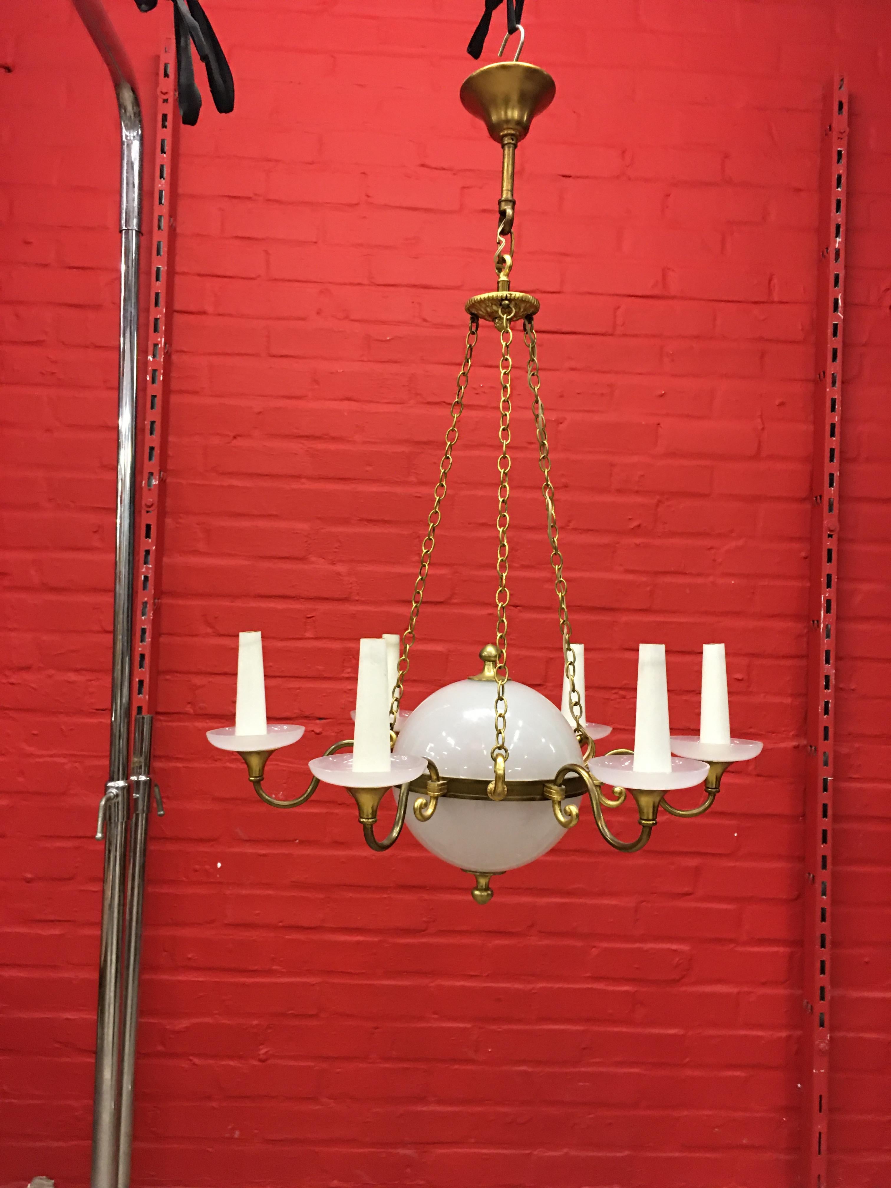 French Old Chandelier in White Opaline and Bronze, circa 1930-1950