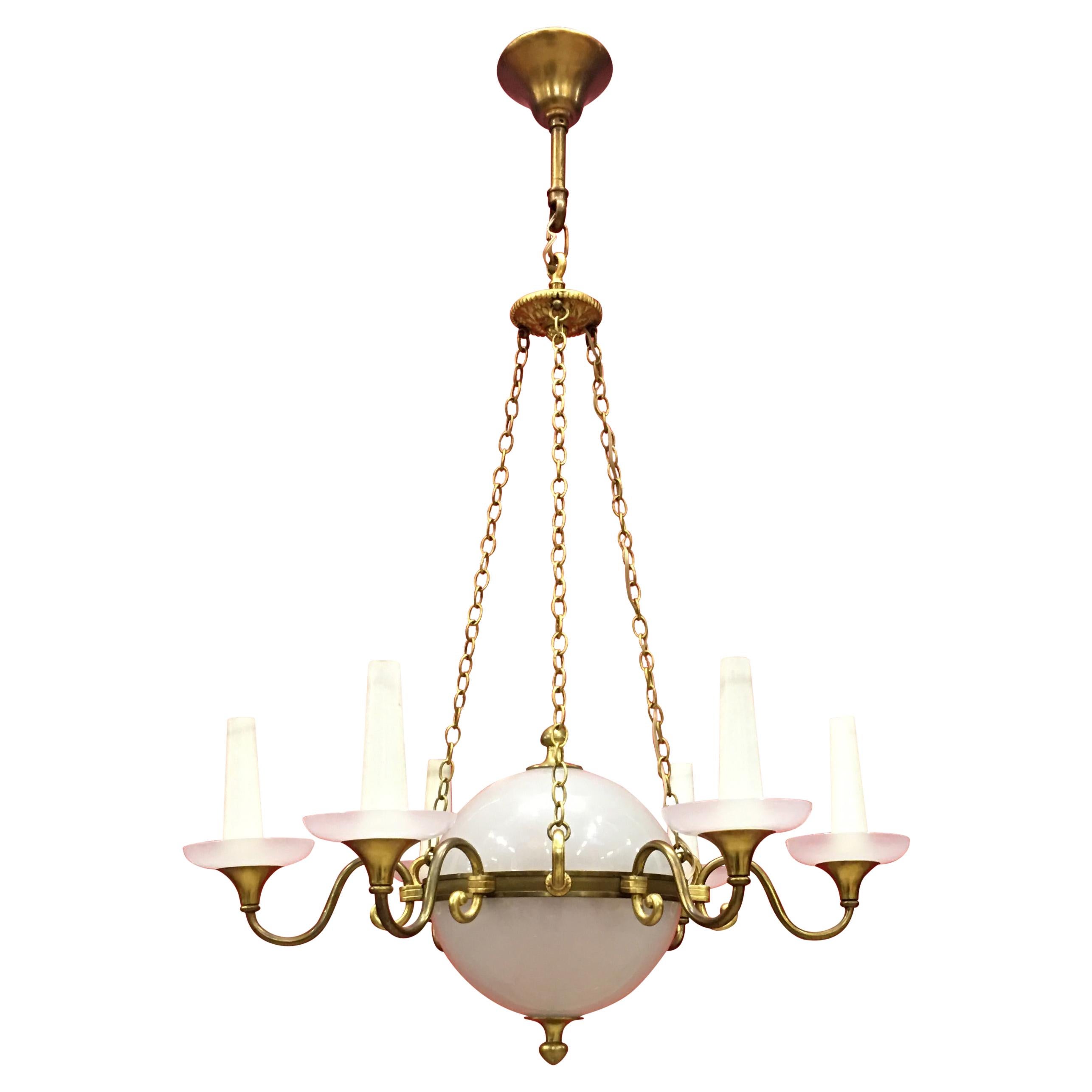 Old Chandelier in White Opaline and Bronze, circa 1930-1950
