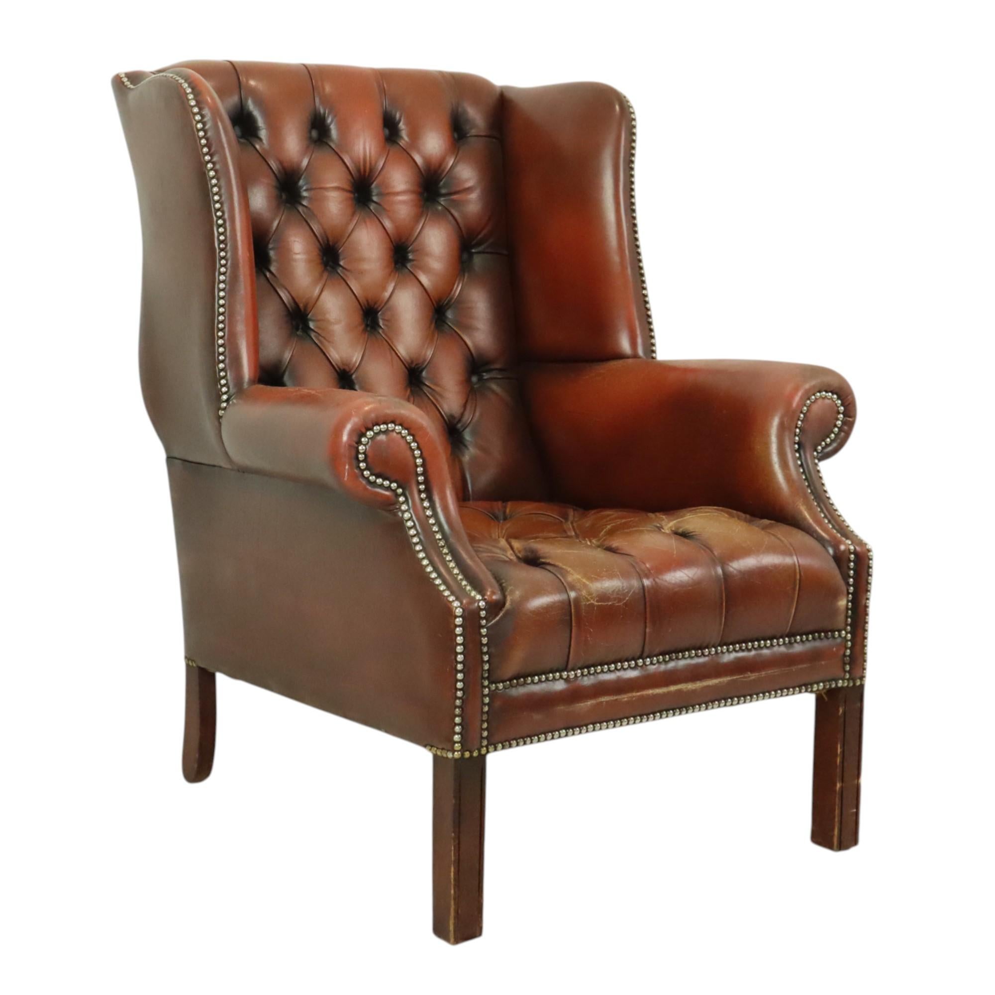 Alter Chesterfield Sessel Brauner Leder Ohrensessel (Europäisch) im Angebot