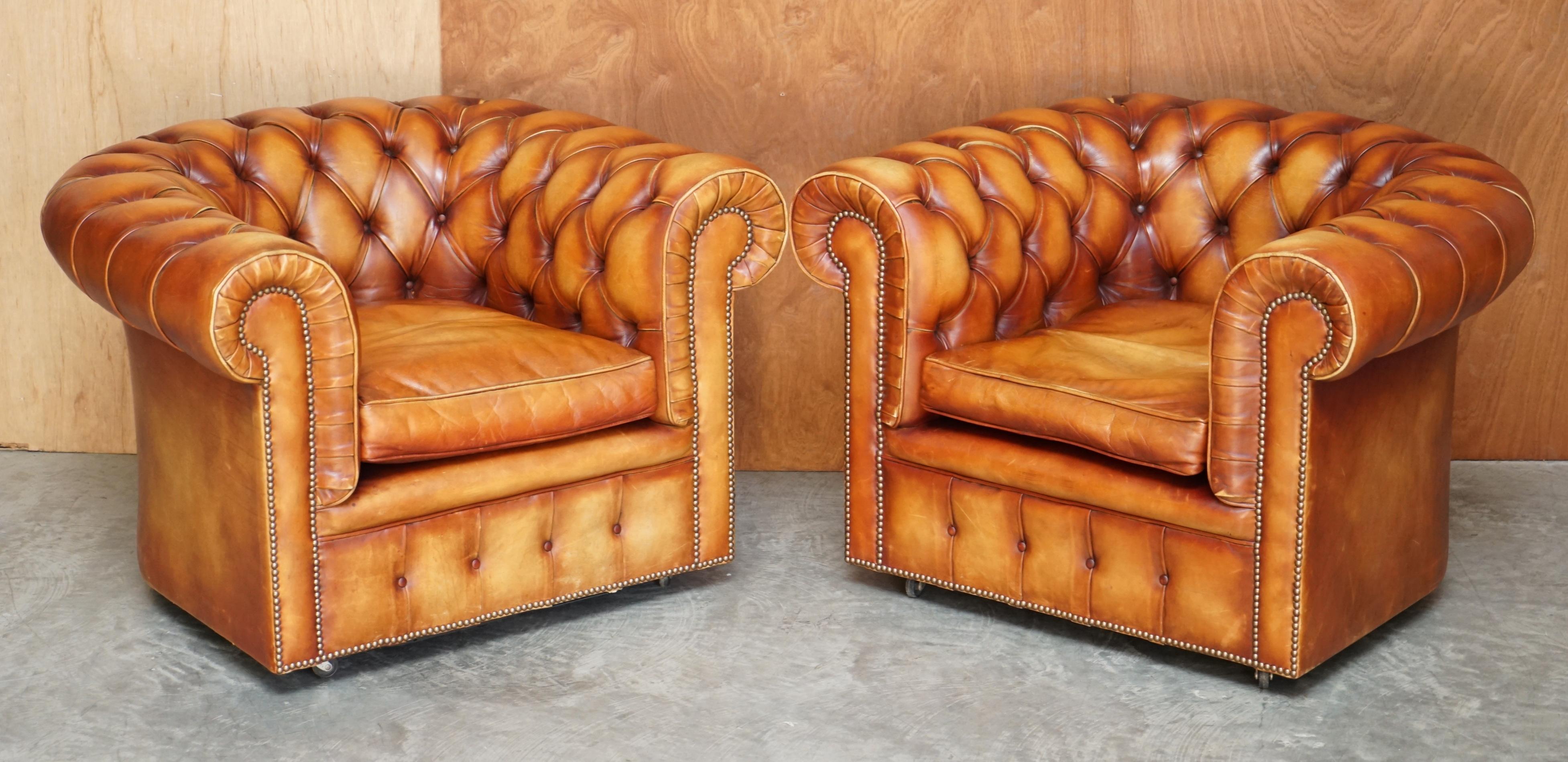 We are delighted to offer for sale this stunning vintage restored Chesterfield cigar brown leather Library suite

A very rare find, I never come across original sets of three pieces from this era. This is an original hand dyed suite which means it