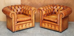 Old Chesterfield Club Three Piece Sofa & Pair of Armchairs Suite Brown Leather