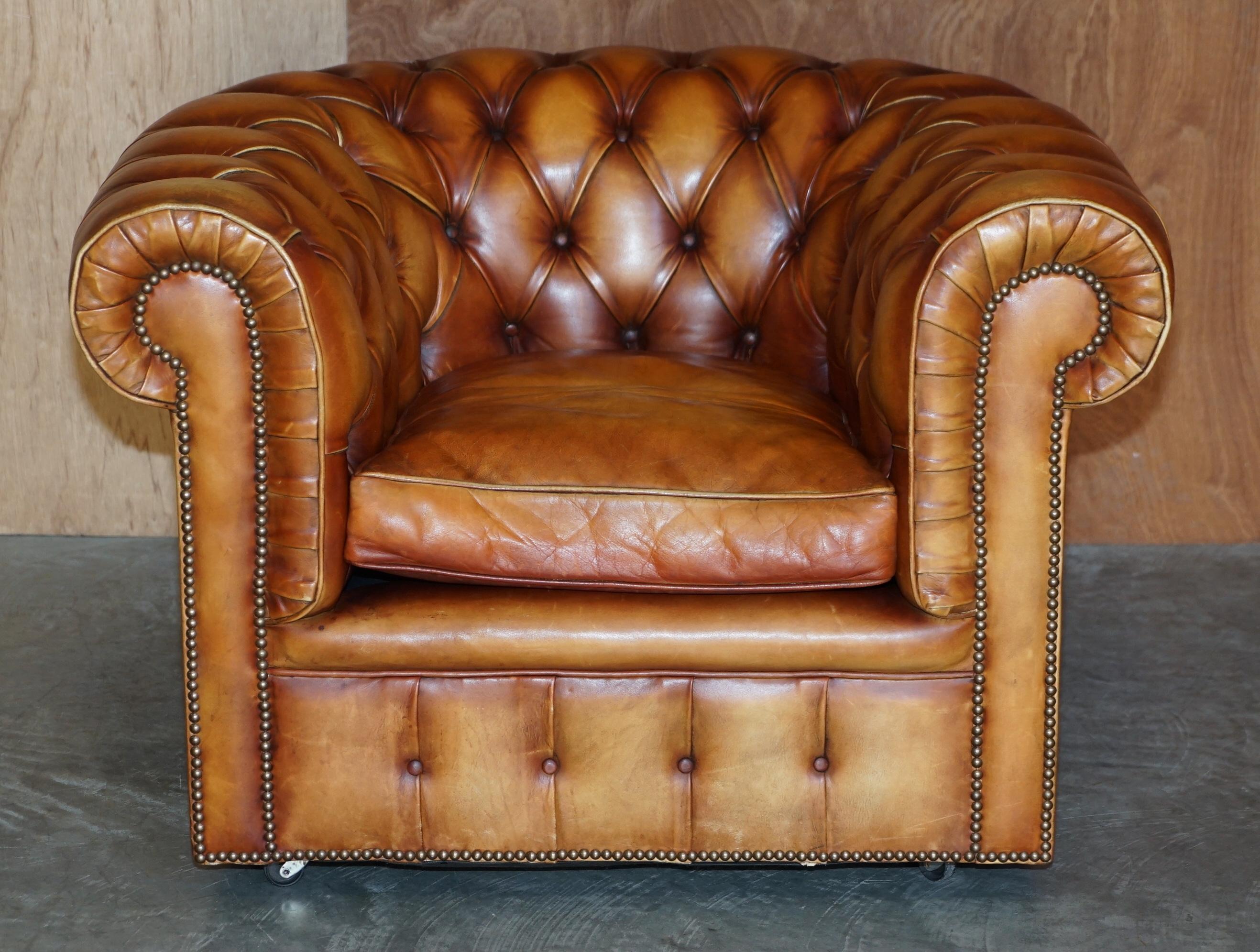 Hand-Crafted Old Chesterfield Club Three Piece Sofa & Pair of Armchairs Suite Brown Leather For Sale