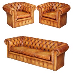 Vintage Old Chesterfield Club Three Piece Sofa & Pair of Armchairs Suite Brown Leather
