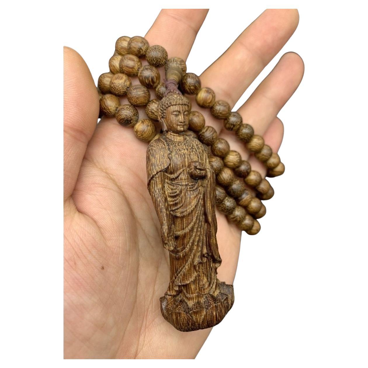 Old Chinese Agarwood Carving Standing Buddha Statue Pendent & Beads Necklace