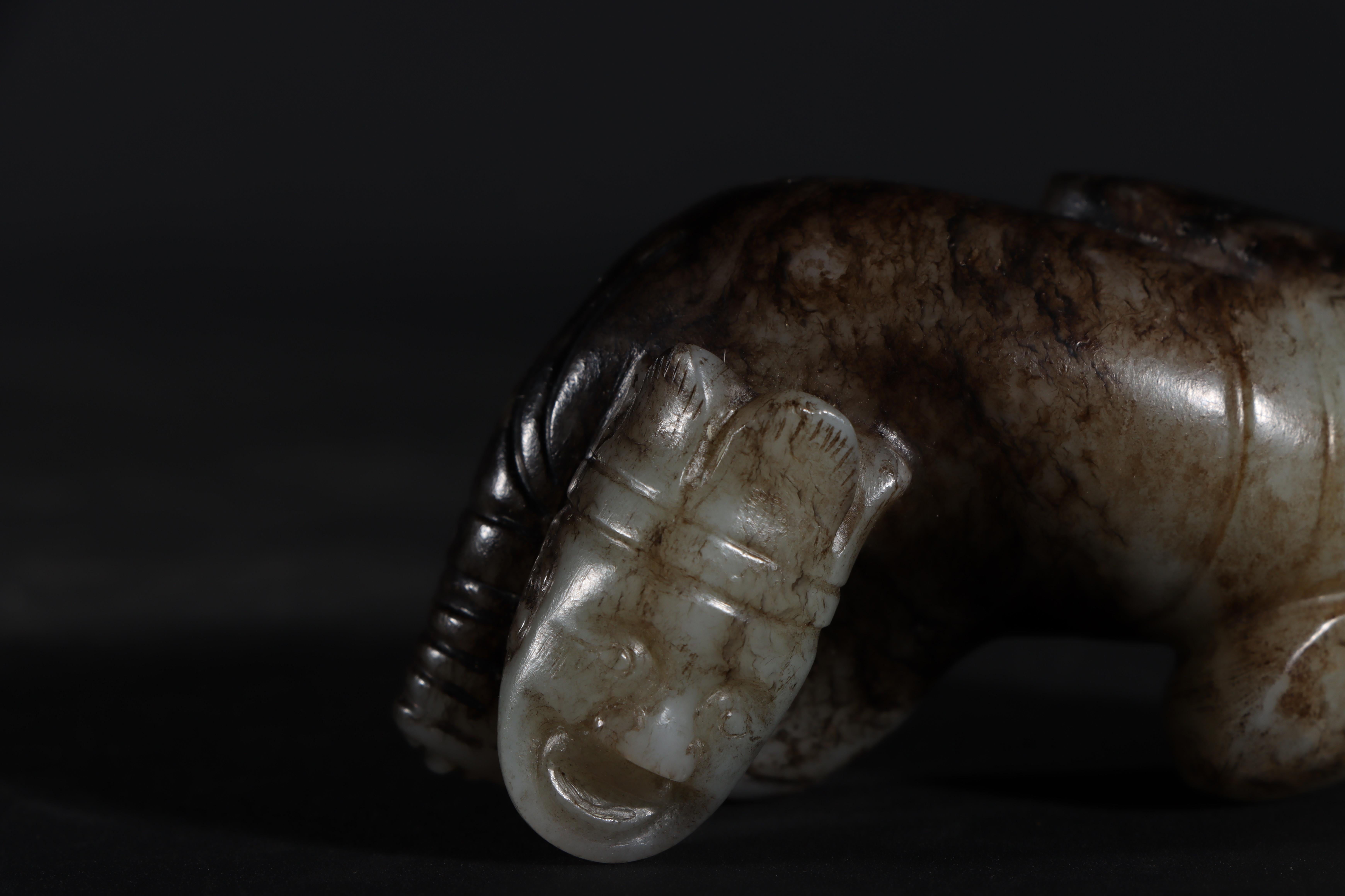 19th Century Old Chinese Art Jade Carving Laying Figurine with Animal Body Sculpture