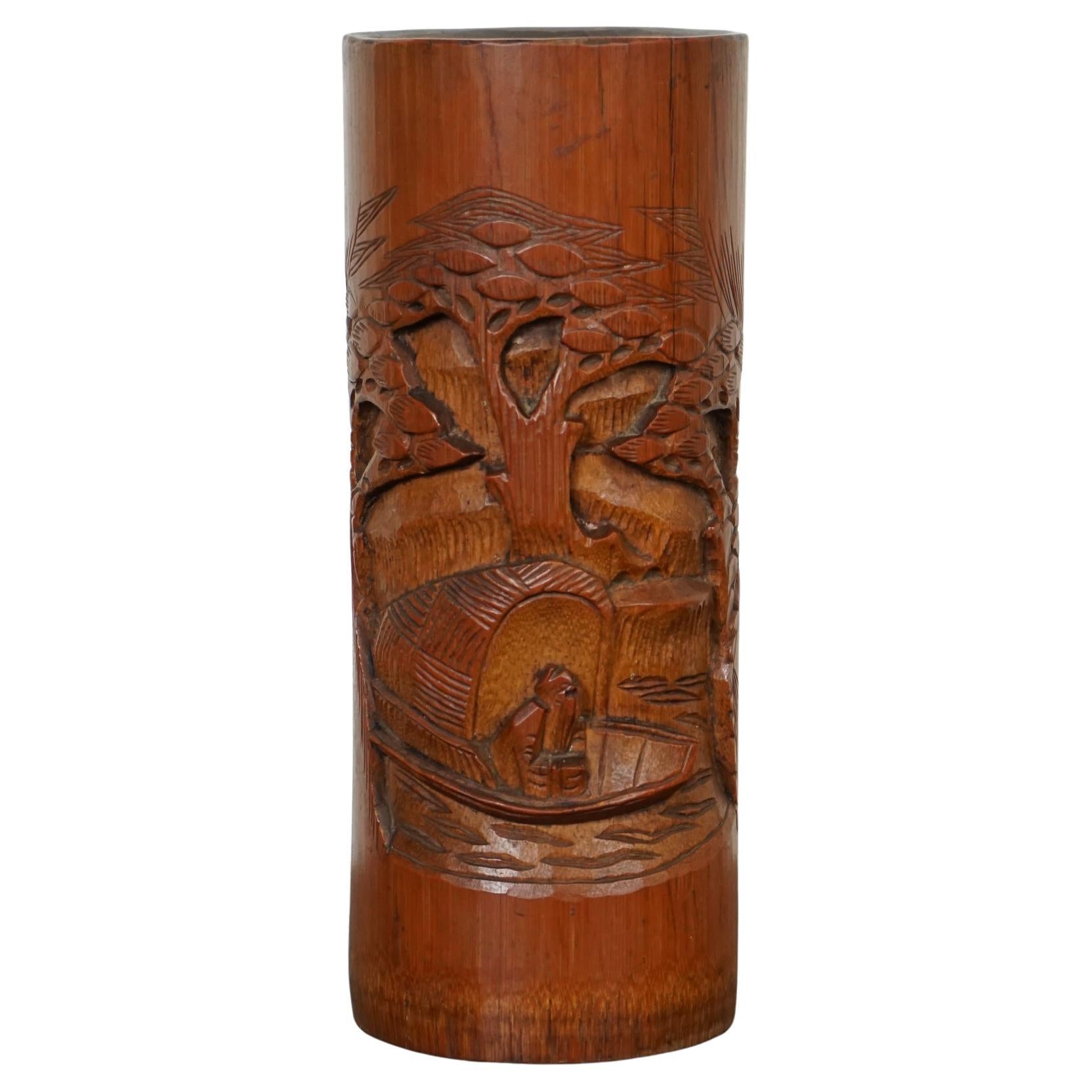 OLD CHINESE BAMBOO BRUSH POT DRiED FLOWER VASE 