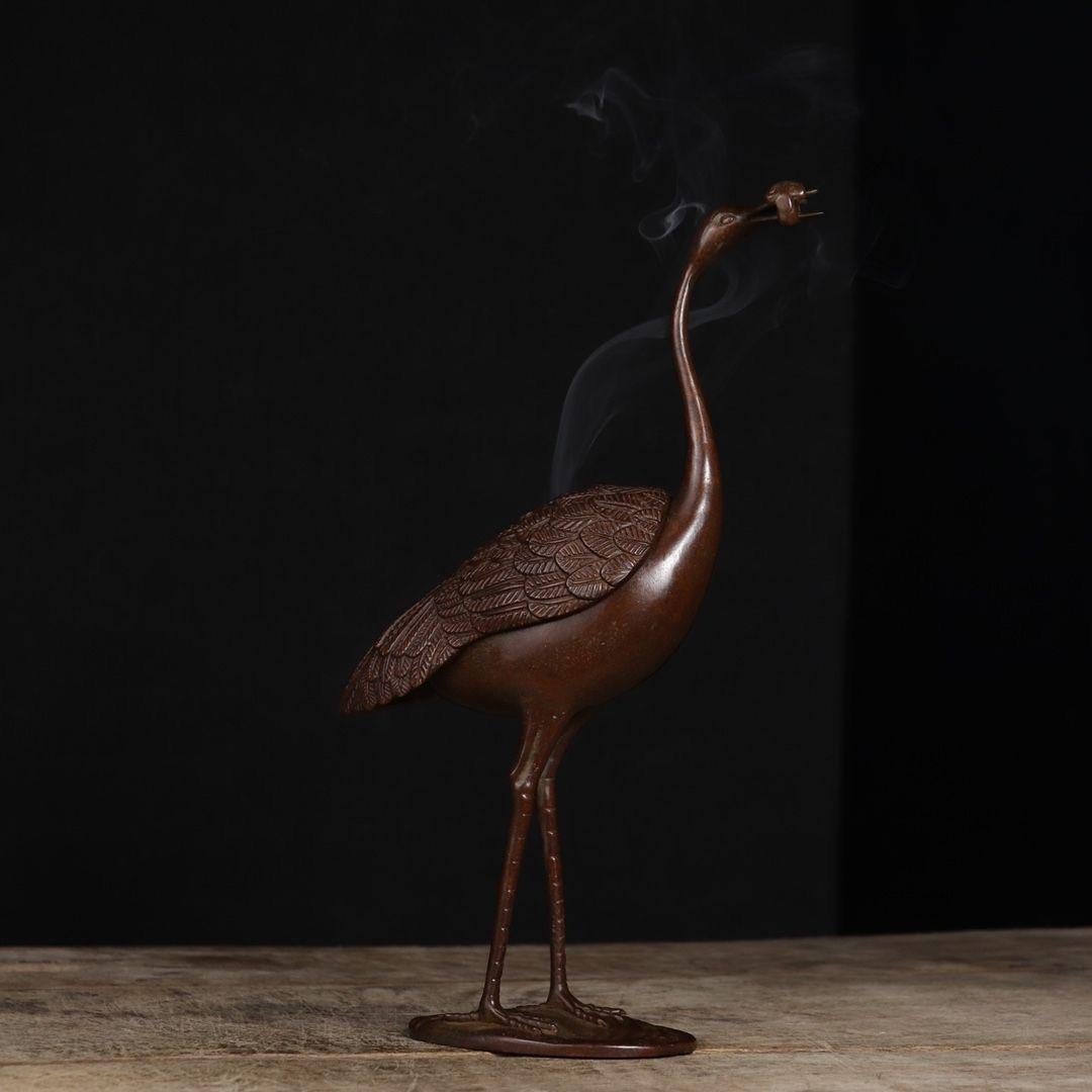 20th Century Old Chinese Bronze Crane Sculpture Burner For Sale