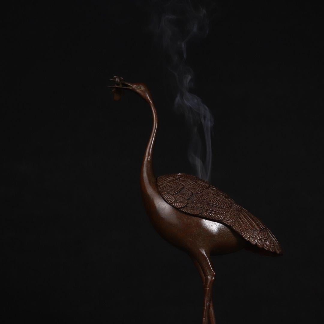 Old Chinese Bronze Crane Sculpture Burner For Sale 3
