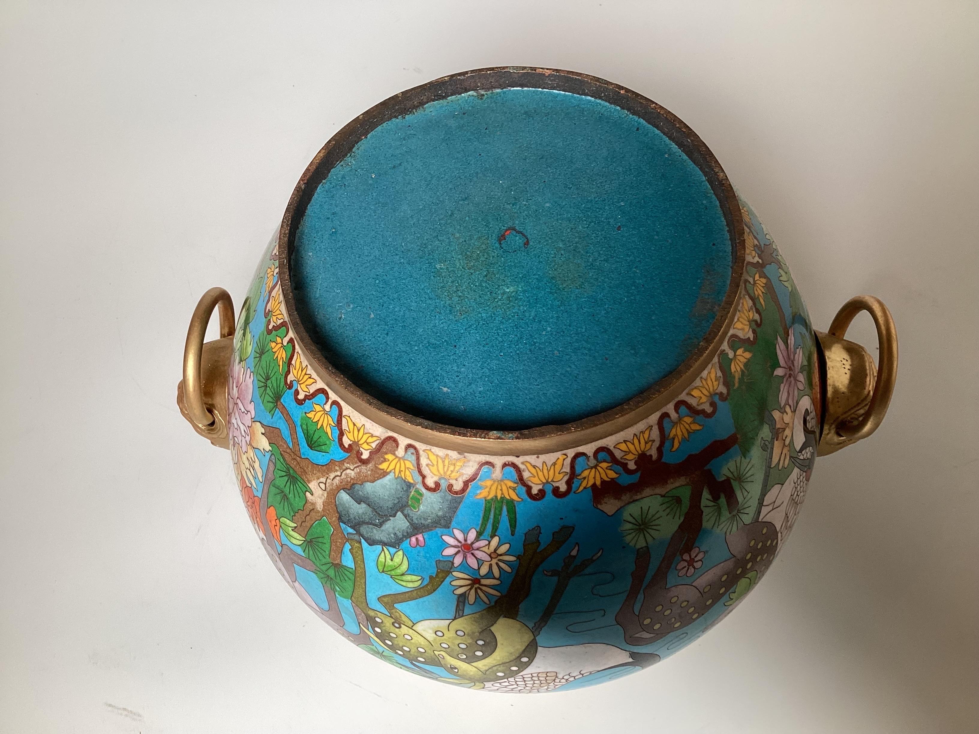 Old Chinese Cloisonné Jardinière With Floral and Wildlife Motif  For Sale 4
