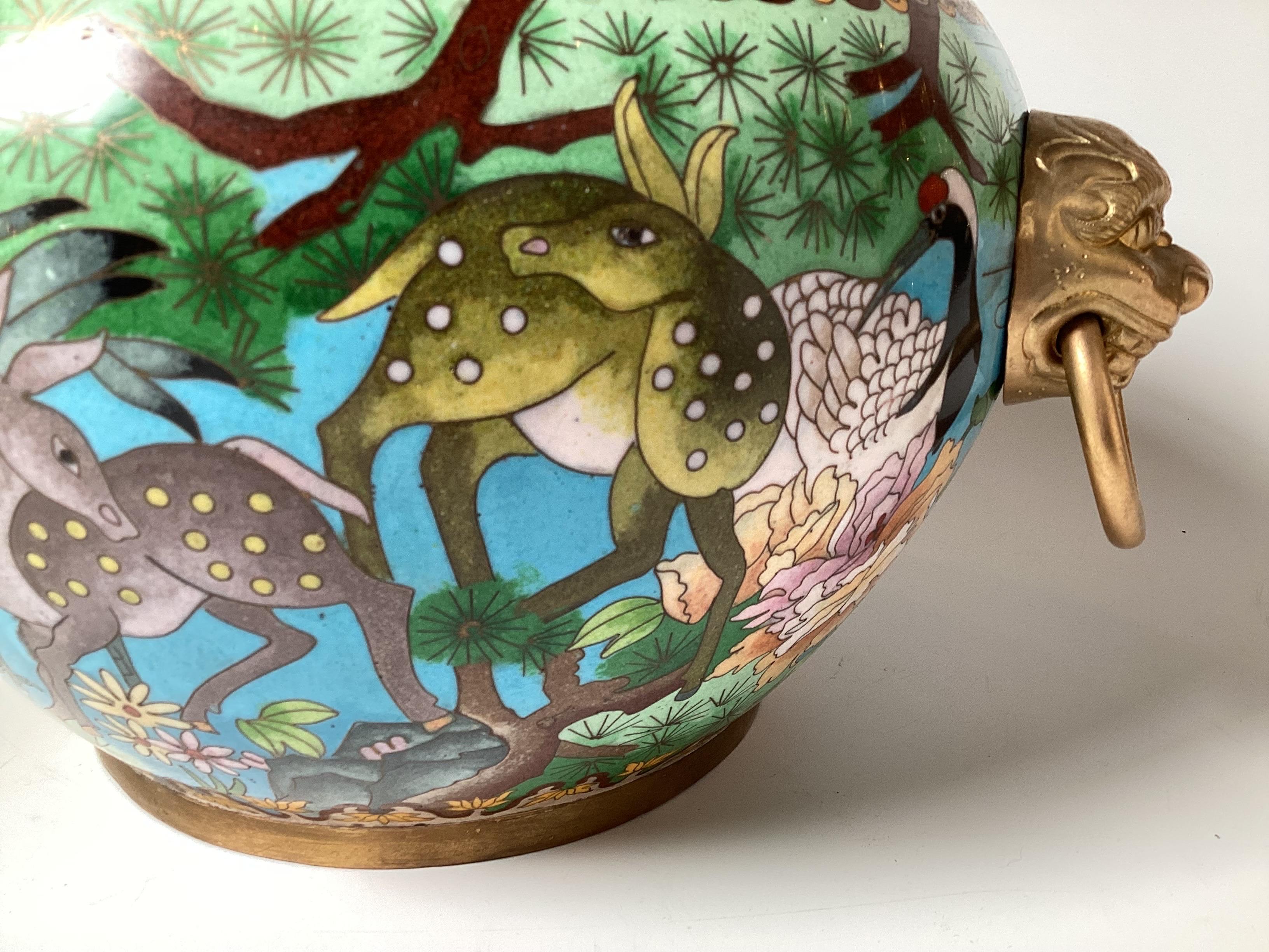 Chinoiserie Old Chinese Cloisonné Jardinière With Floral and Wildlife Motif  For Sale
