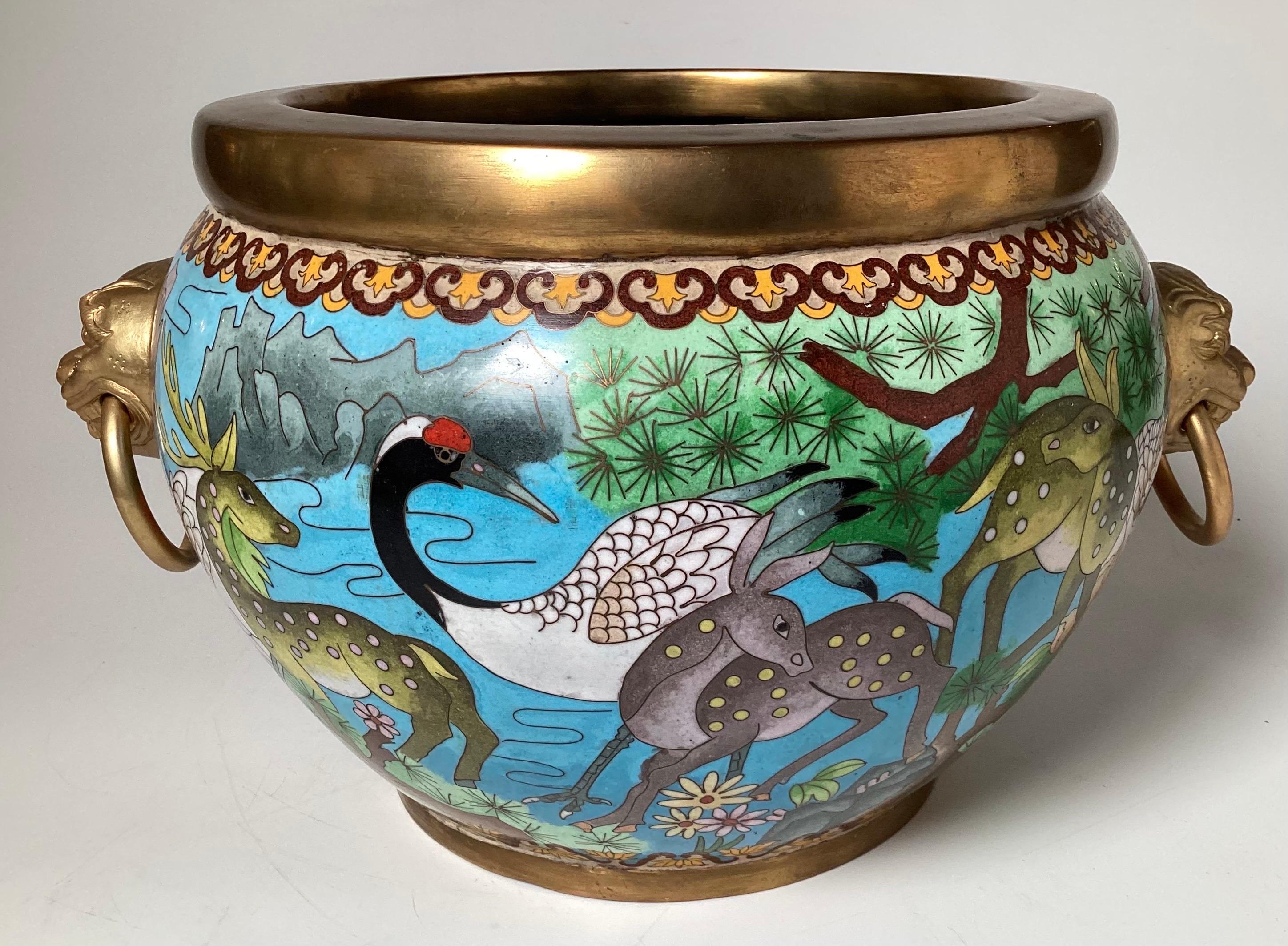 20th Century Old Chinese Cloisonné Jardinière With Floral and Wildlife Motif  For Sale