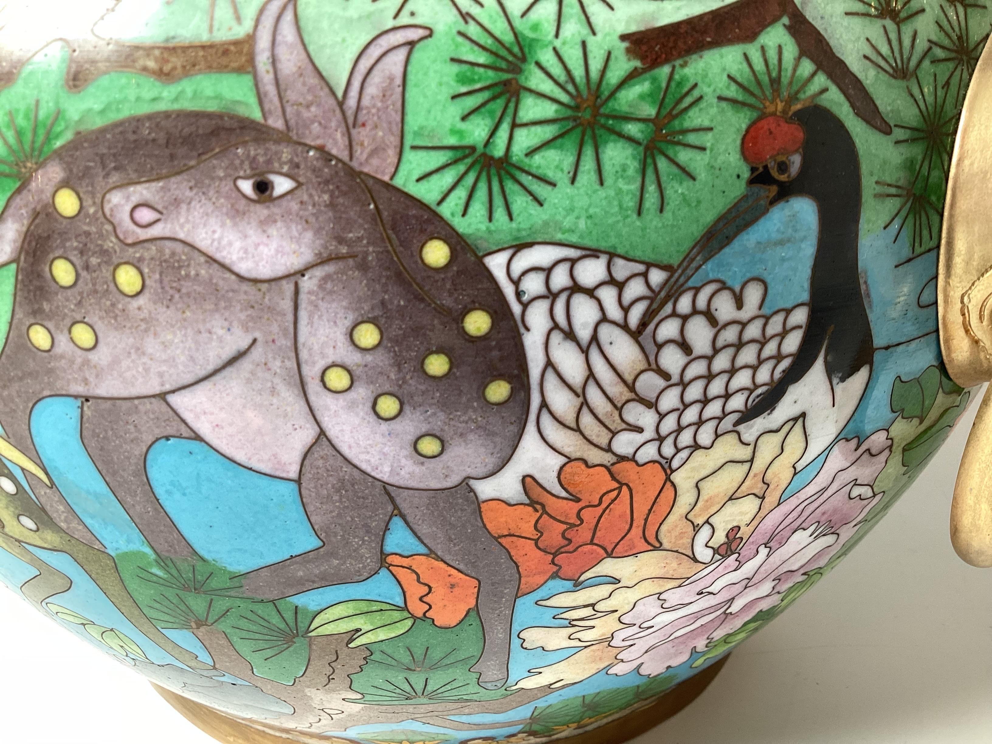 Old Chinese Cloisonné Jardinière With Floral and Wildlife Motif  For Sale 2