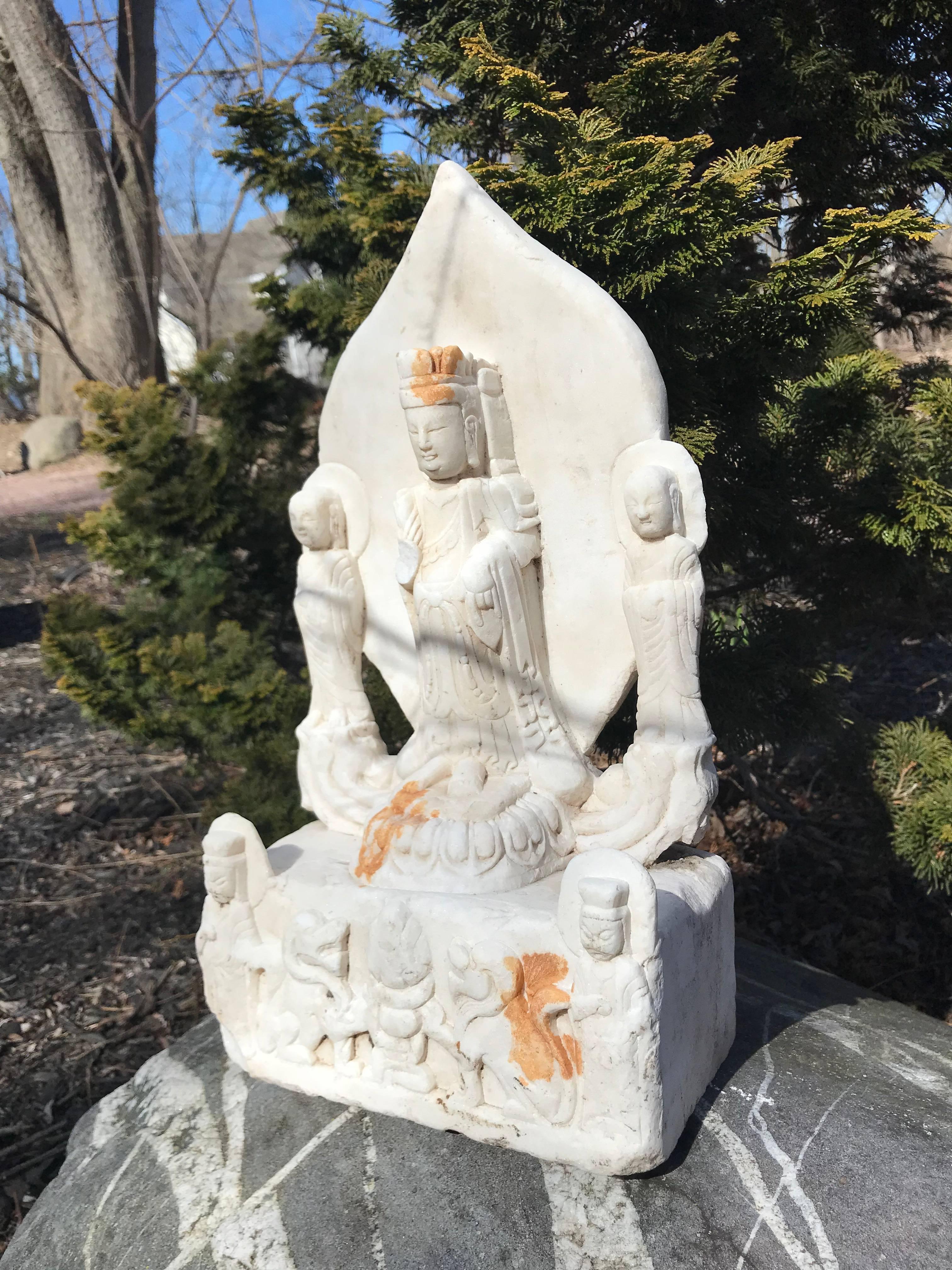 This older hand-carved solid marble sculpture with inscription comes from a 50 year old Chinese antique stone collection formed in the 1970s-1980s. We are offering the last works from this one of a kind group and all date to the 1920s-1940s.

This