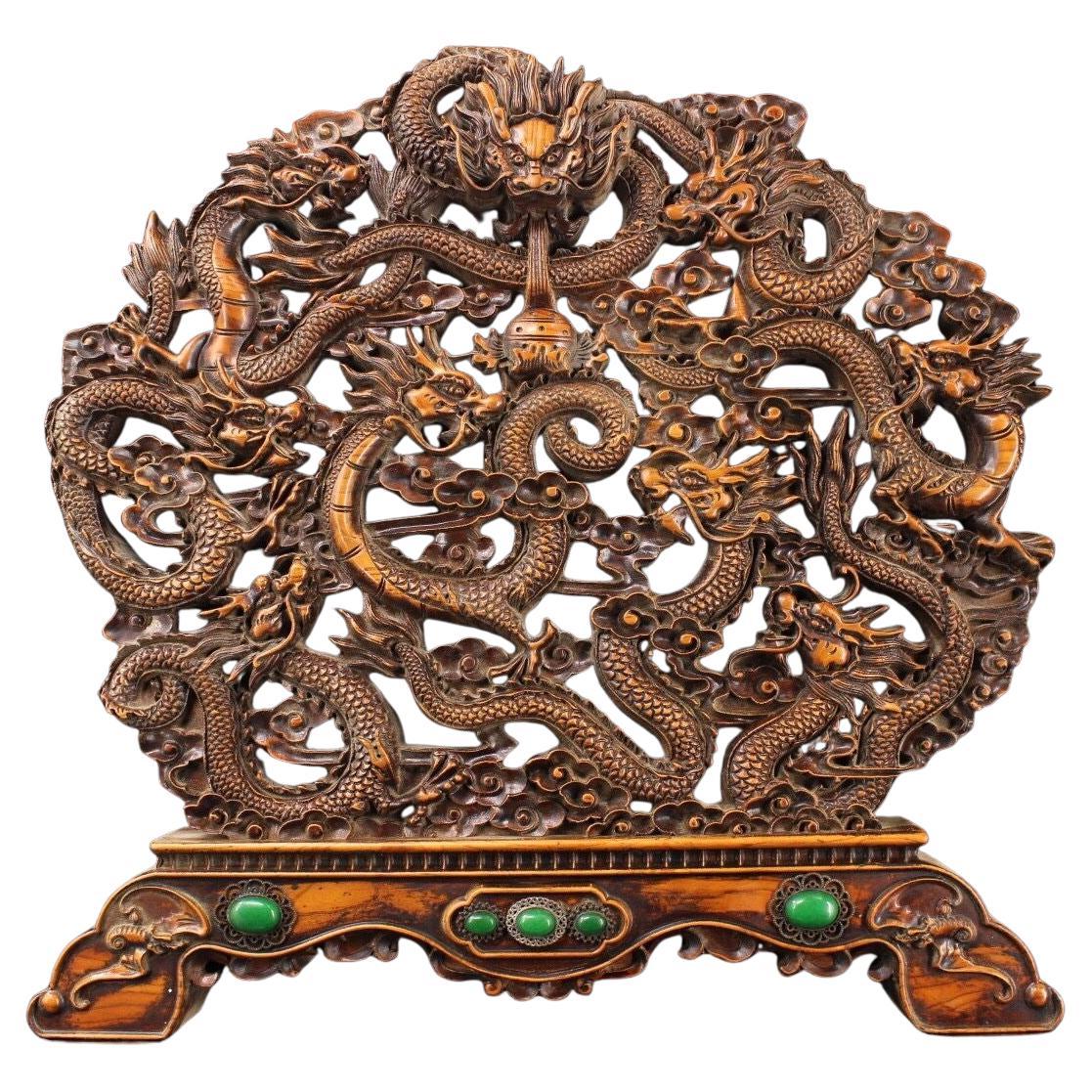 Old  50cm Big Size Chinese Hand-Carved Wooden Nine Dragons Design Screen
