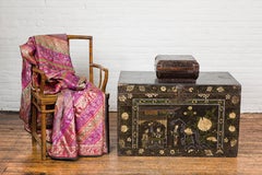 Old Chinese Lacquered Fabric over Wood Box with Calligraphy and Iron Braces