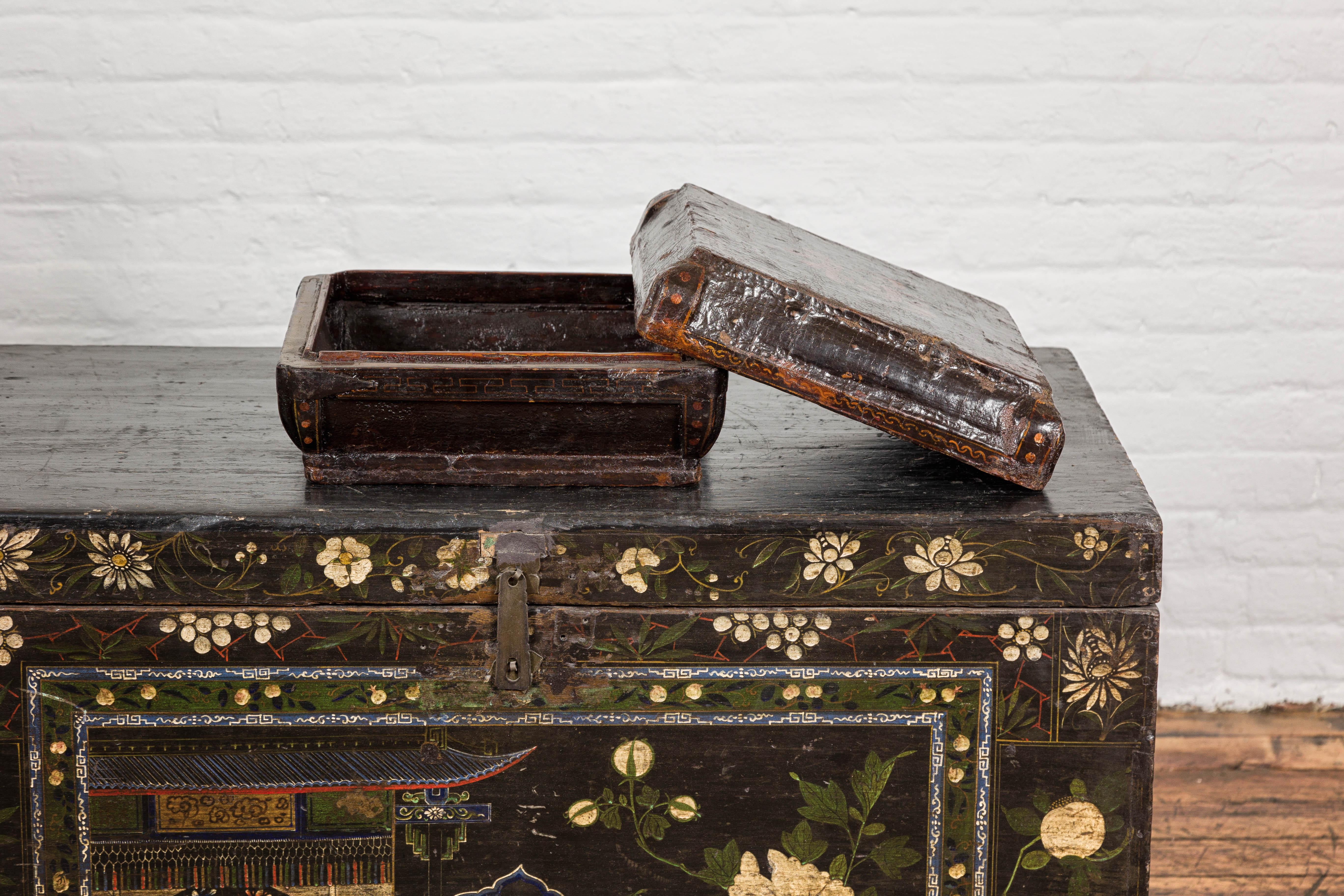 19th Century Old Chinese Lacquered Fabric over Wood Box with Calligraphy and Iron Braces For Sale