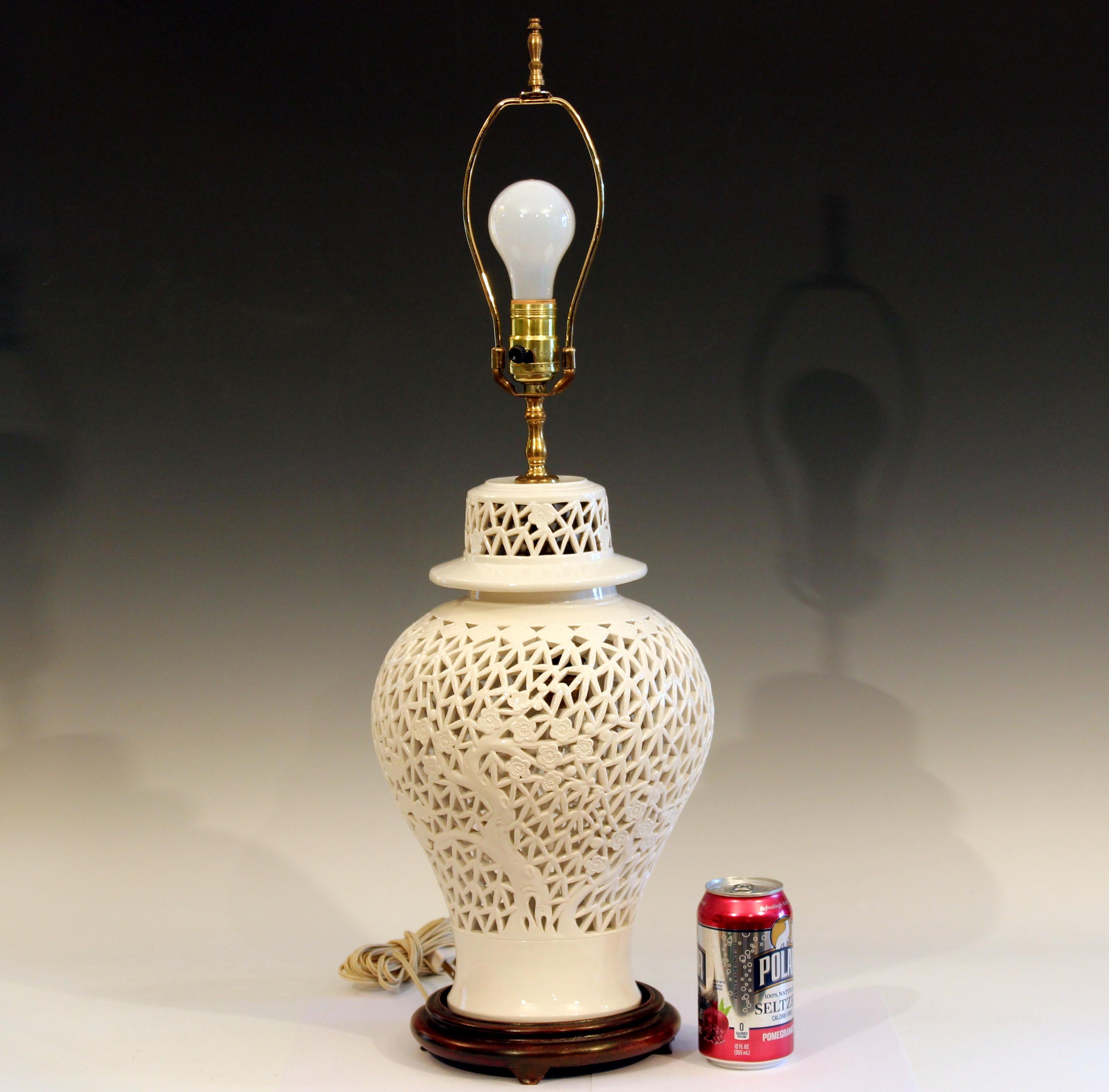 Turned Old Chinese Porcelain Vase Lamp Reticulated White Carved Blanc de Chine Jar