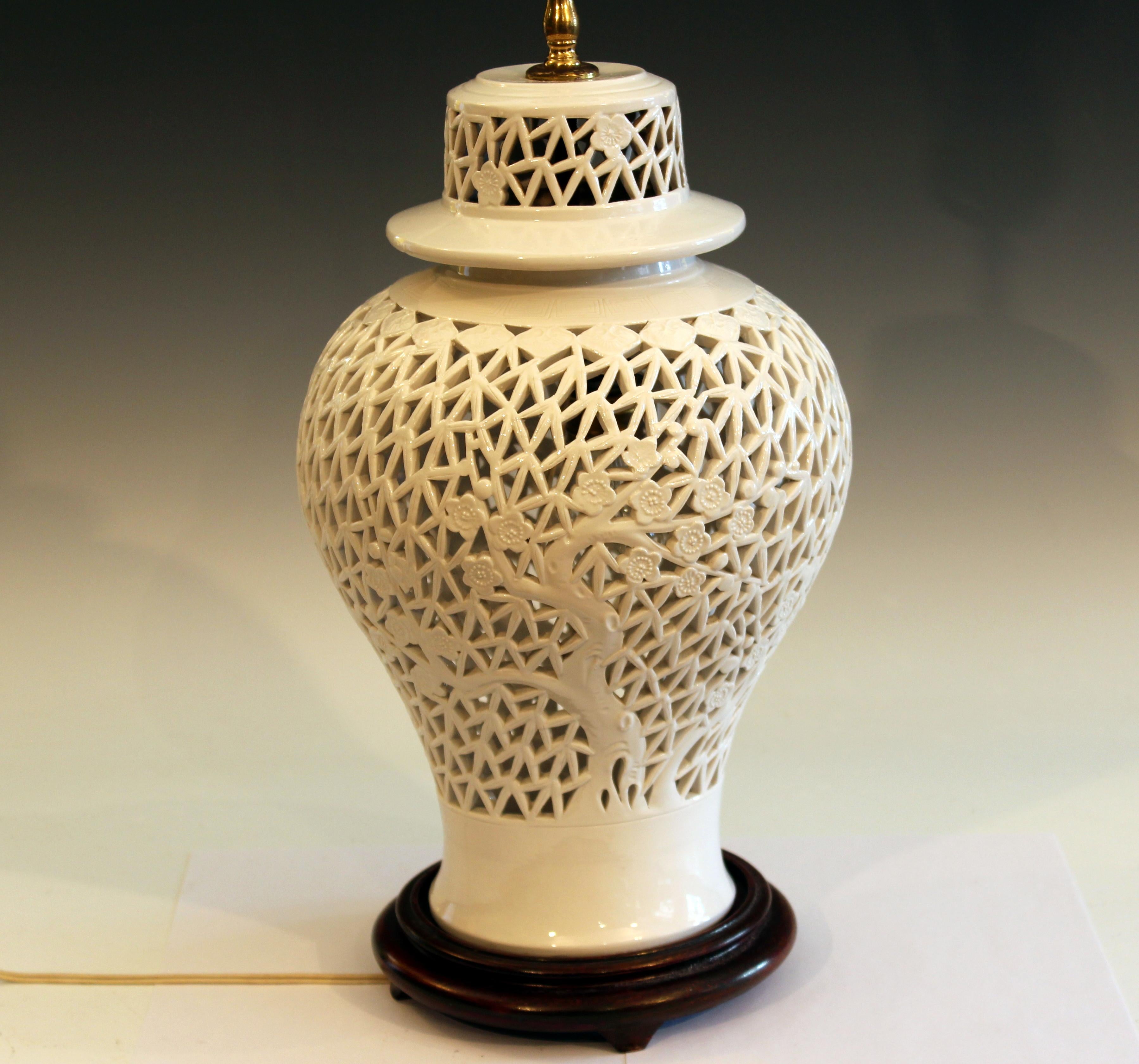 Mid-20th Century Old Chinese Porcelain Vase Lamp Reticulated White Carved Blanc de Chine Jar