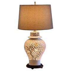 Old Chinese Porcelain Vase Lamp Reticulated White Carved Blanc de Chine Jar