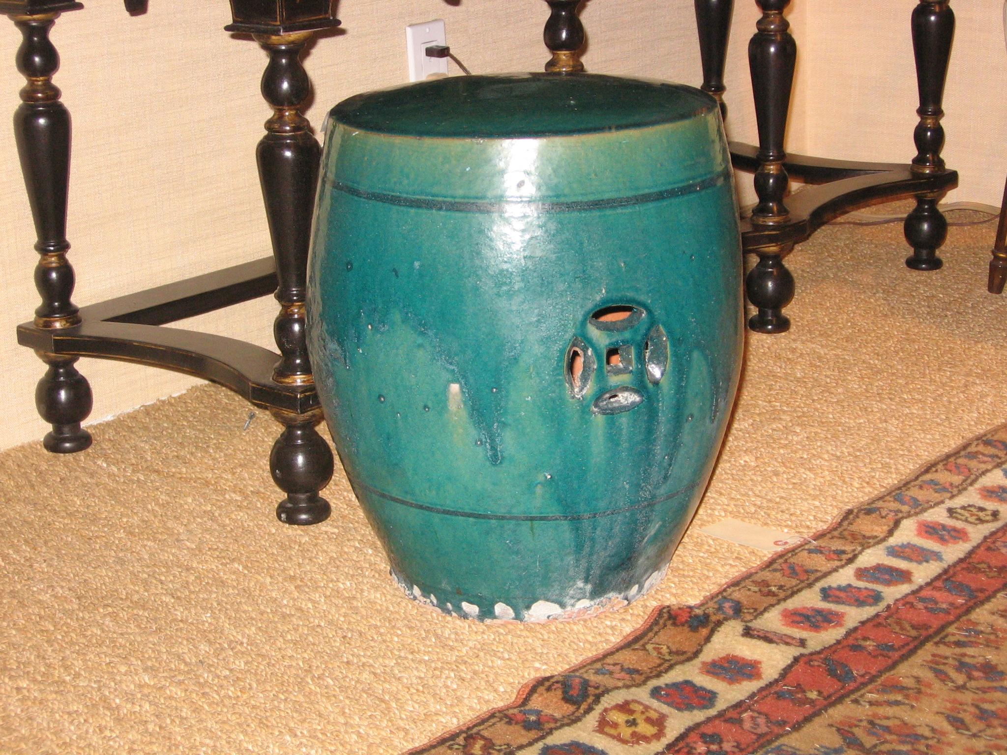 Old tranquil turquoise Chinese garden stool.  Ideal for a decorative stool or small table. 