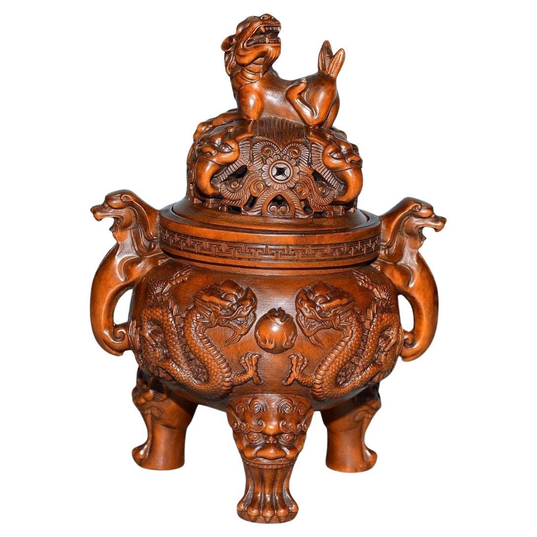 Old Chinese Wood Carving Dragon Beast Burner For Sale