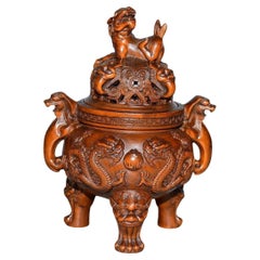 Old Chinese Wood Carving Dragon Beast Burner