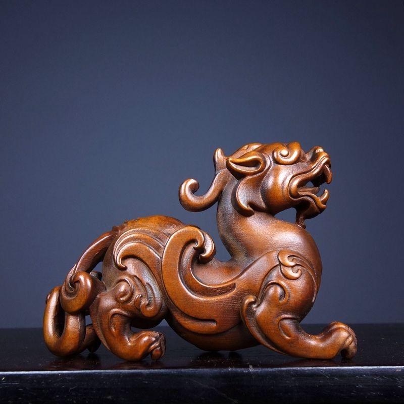 Old Chinese Wood Carving Pixiu Feng Shui Statue For Sale 1