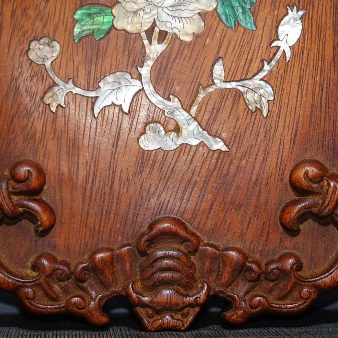 19th Century Old Chinese Wood Carving Square Plate with Shell Material Birds Flowers For Sale