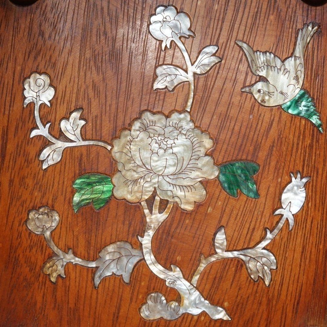 Old Chinese Wood Carving Square Plate with Shell Material Birds Flowers For Sale 1