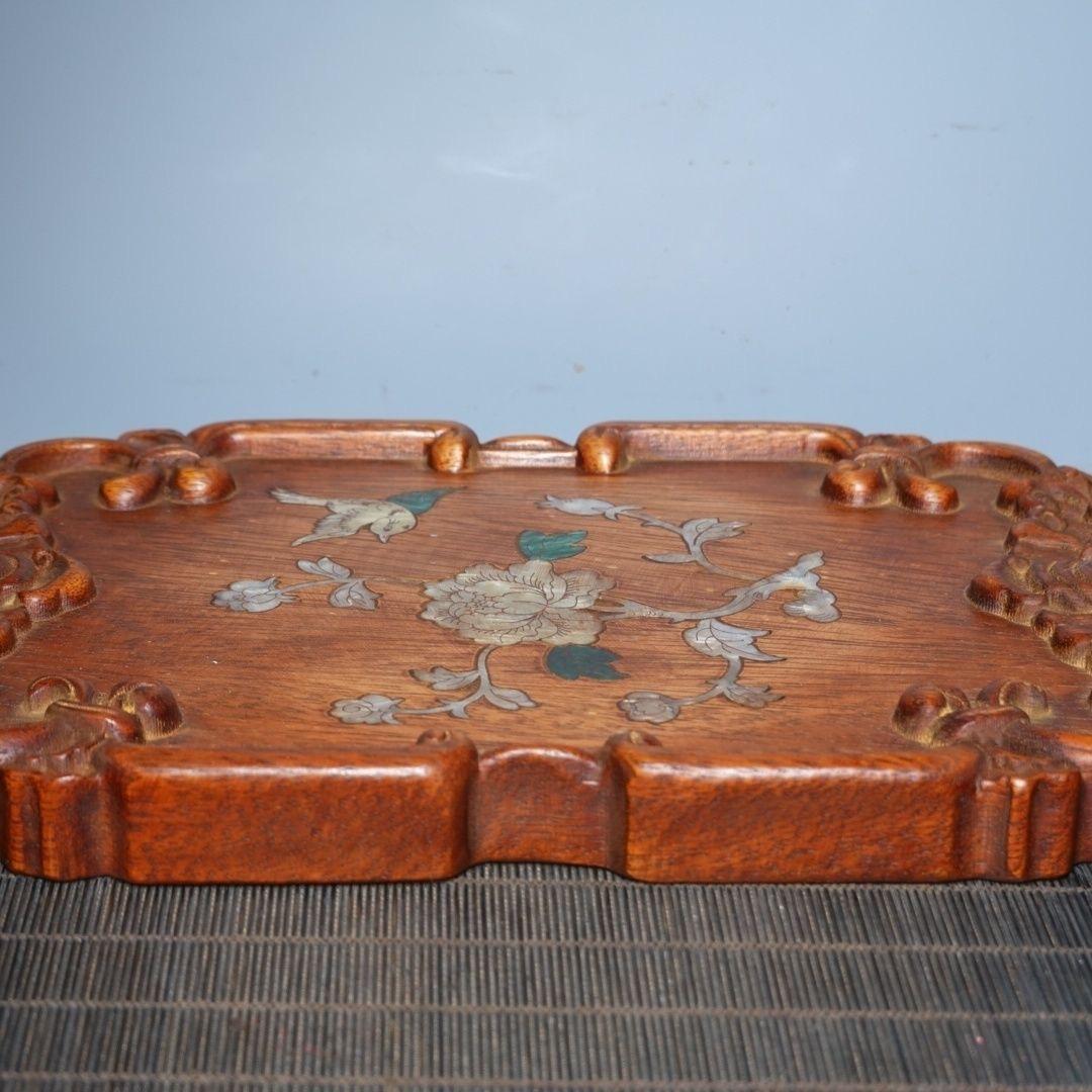 Old Chinese Wood Carving Square Plate with Shell Material Birds Flowers For Sale 2