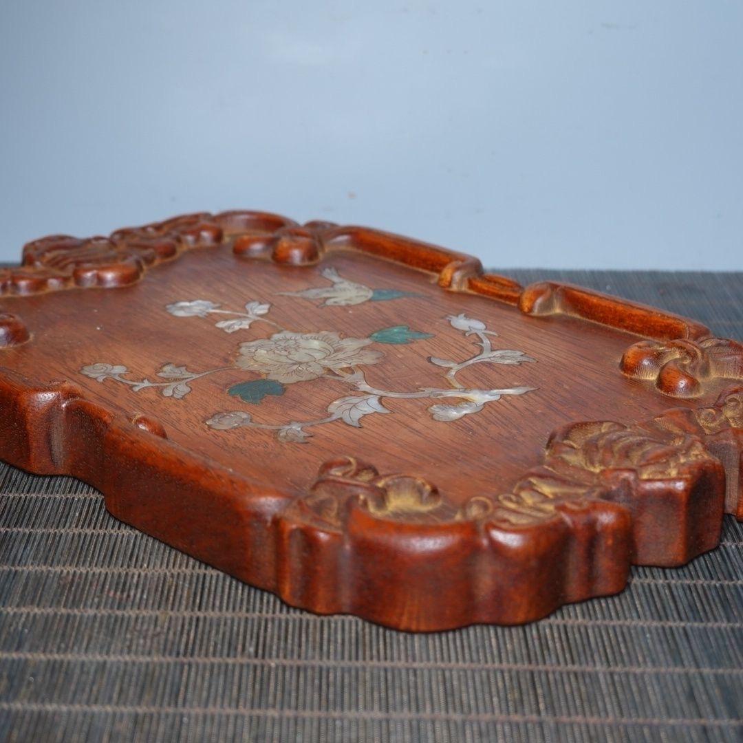 Old Chinese Wood Carving Square Plate with Shell Material Birds Flowers For Sale 3