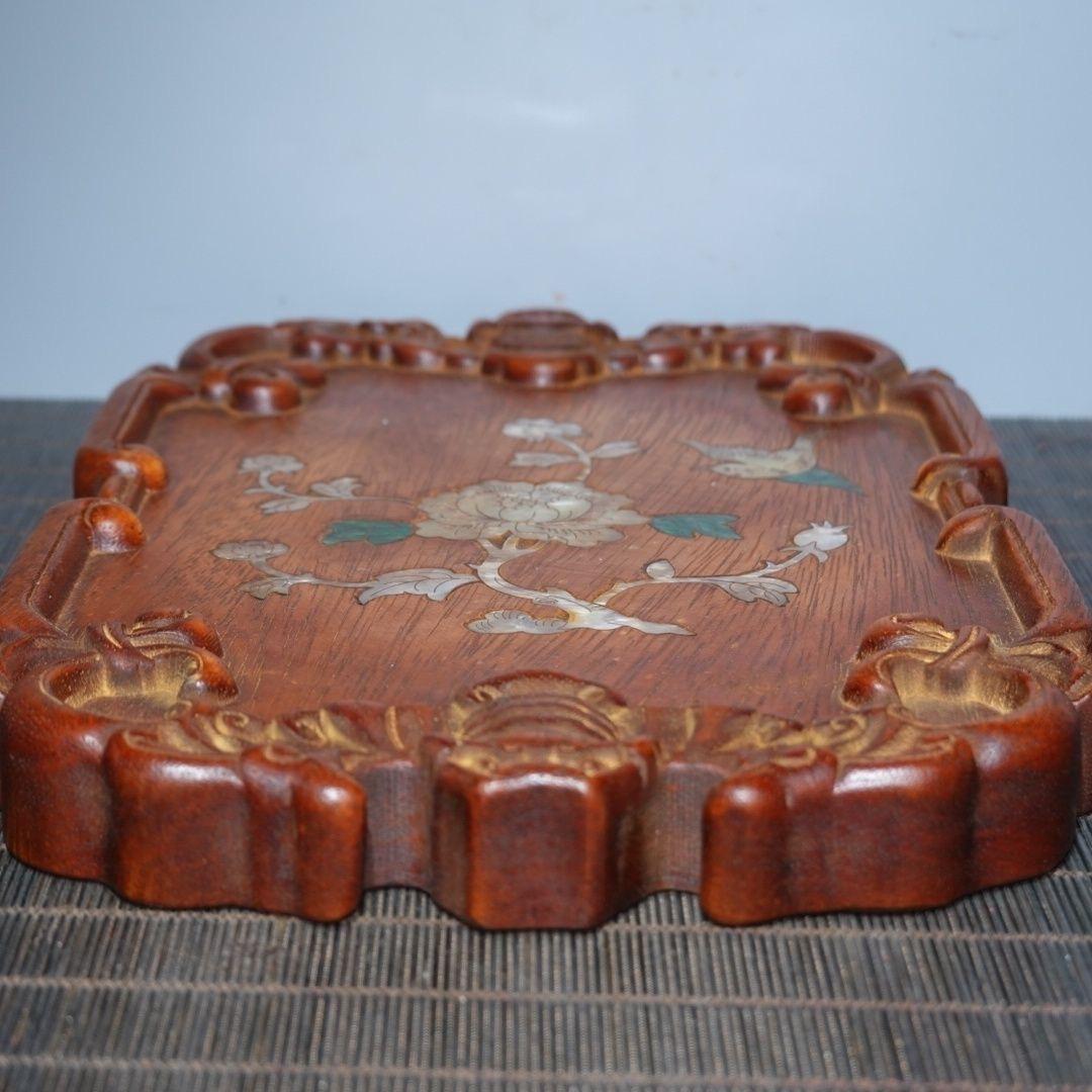 Old Chinese Wood Carving Square Plate with Shell Material Birds Flowers For Sale 4