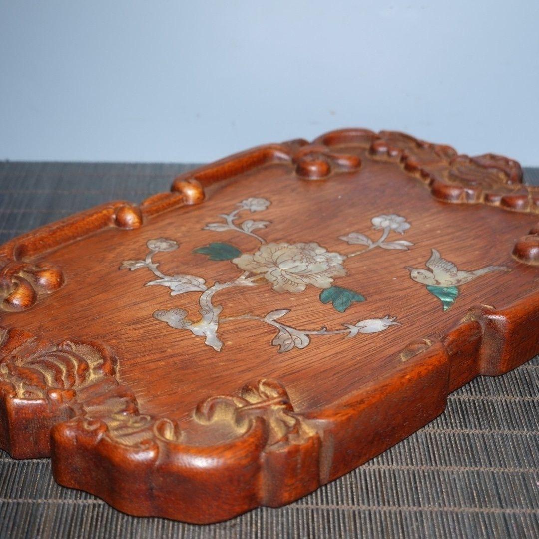 Old Chinese Wood Carving Square Plate with Shell Material Birds Flowers For Sale 5