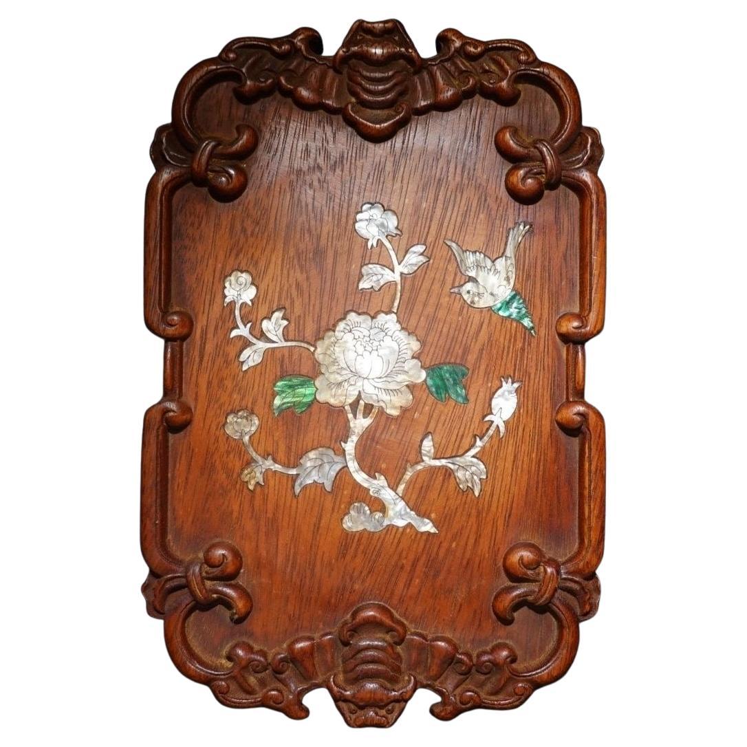 Old Chinese Wood Carving Square Plate with Shell Material Birds Flowers For Sale