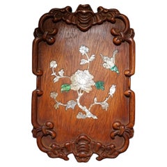 Old Chinese Wood Carving Square Plate with Shell Material Birds Flowers