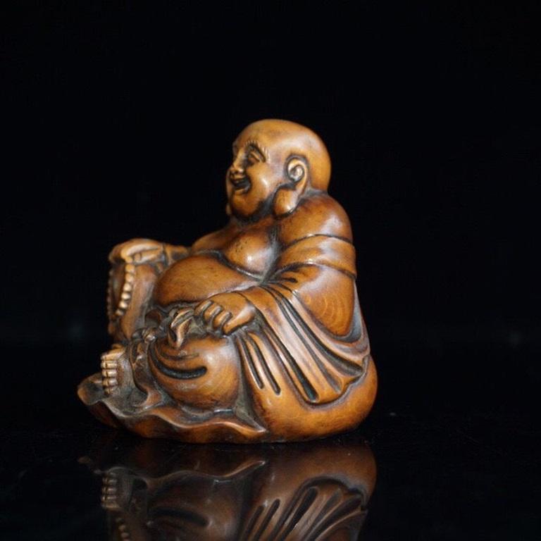 XIX secolo Antica incisione cinese su legno del Buddha sorridente in vendita